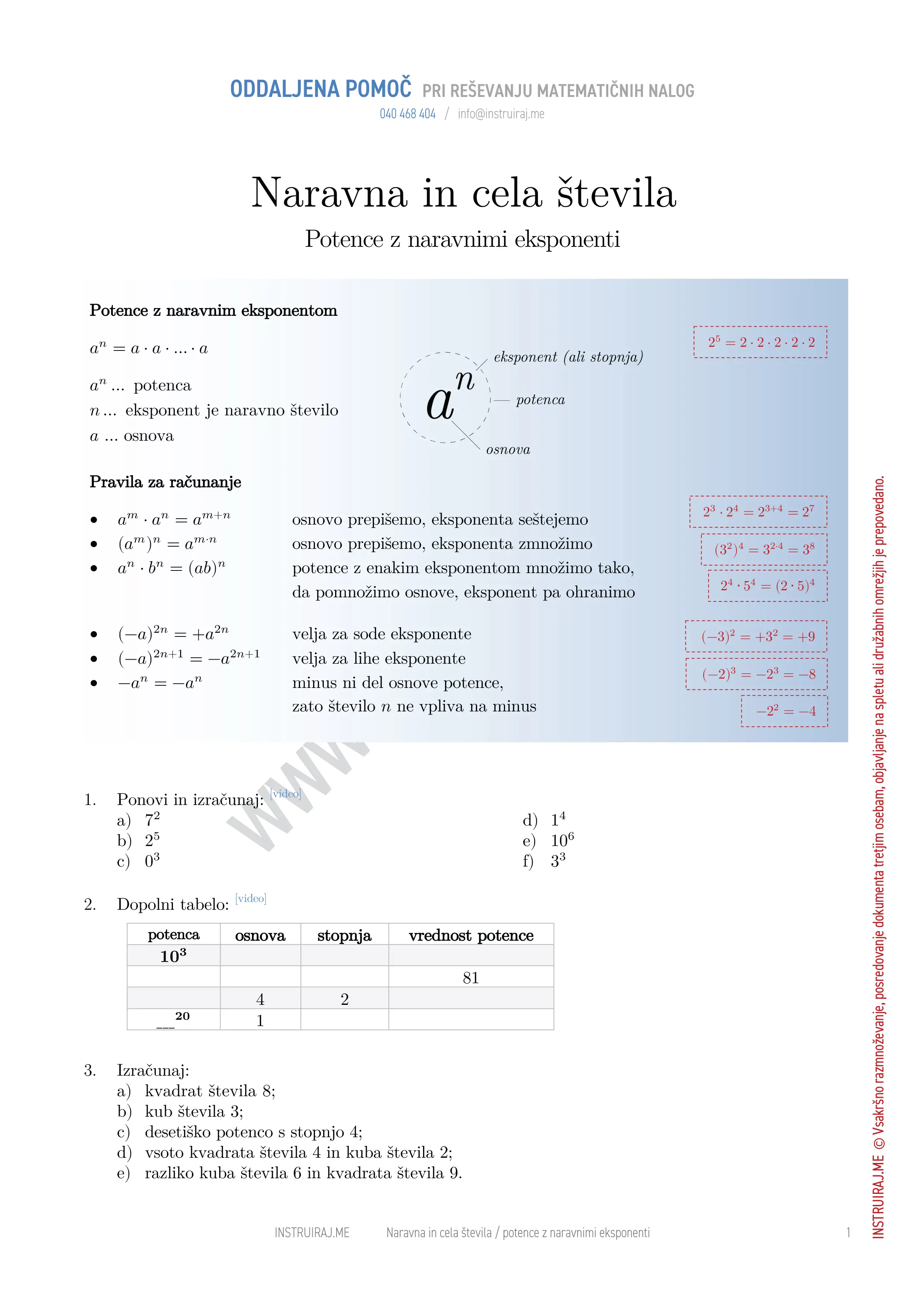 Naravna in cela števila: Potence z naravnimi eksponenti