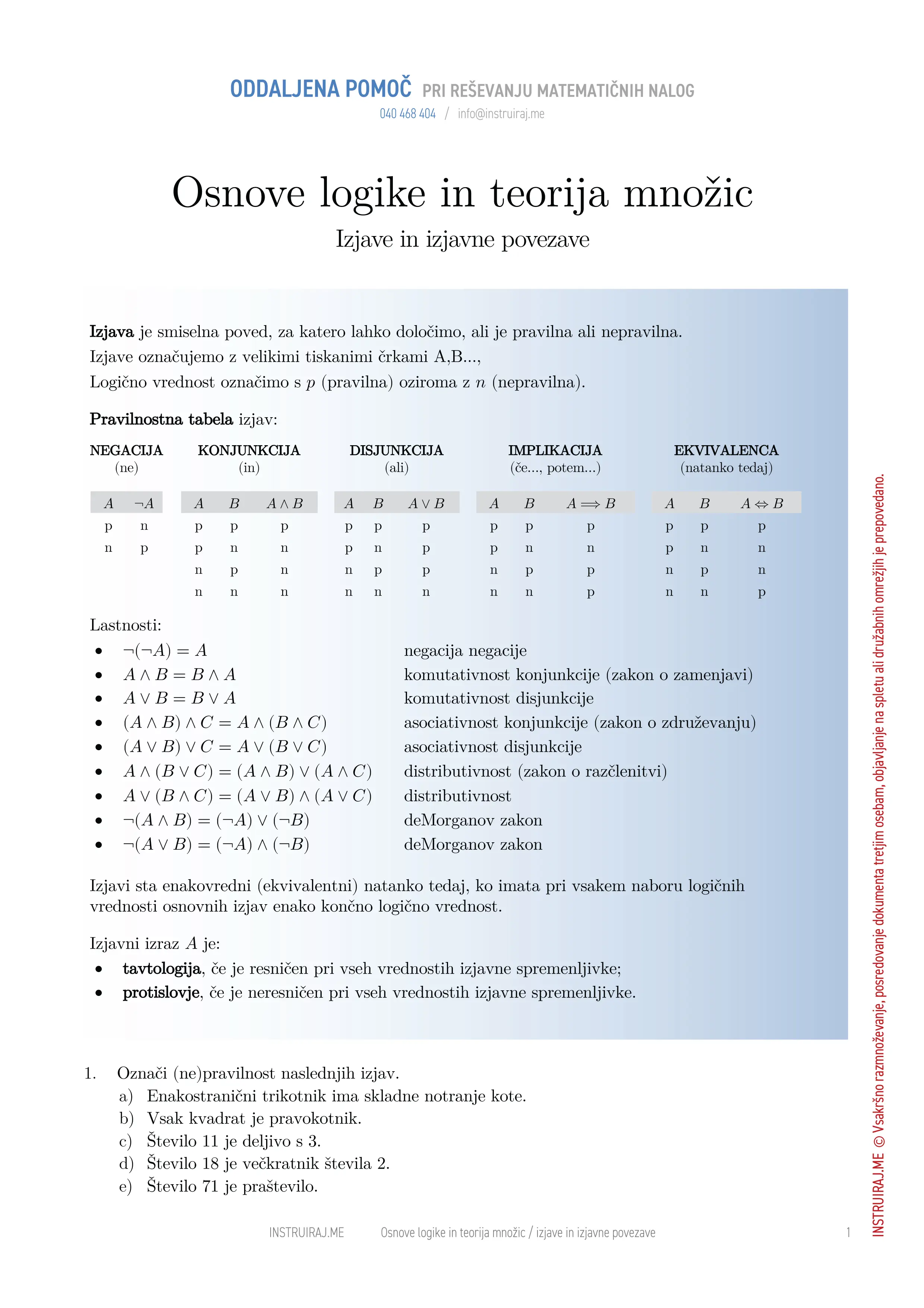 Osnove logike in teorije množic: Izjave in izjavne povezave