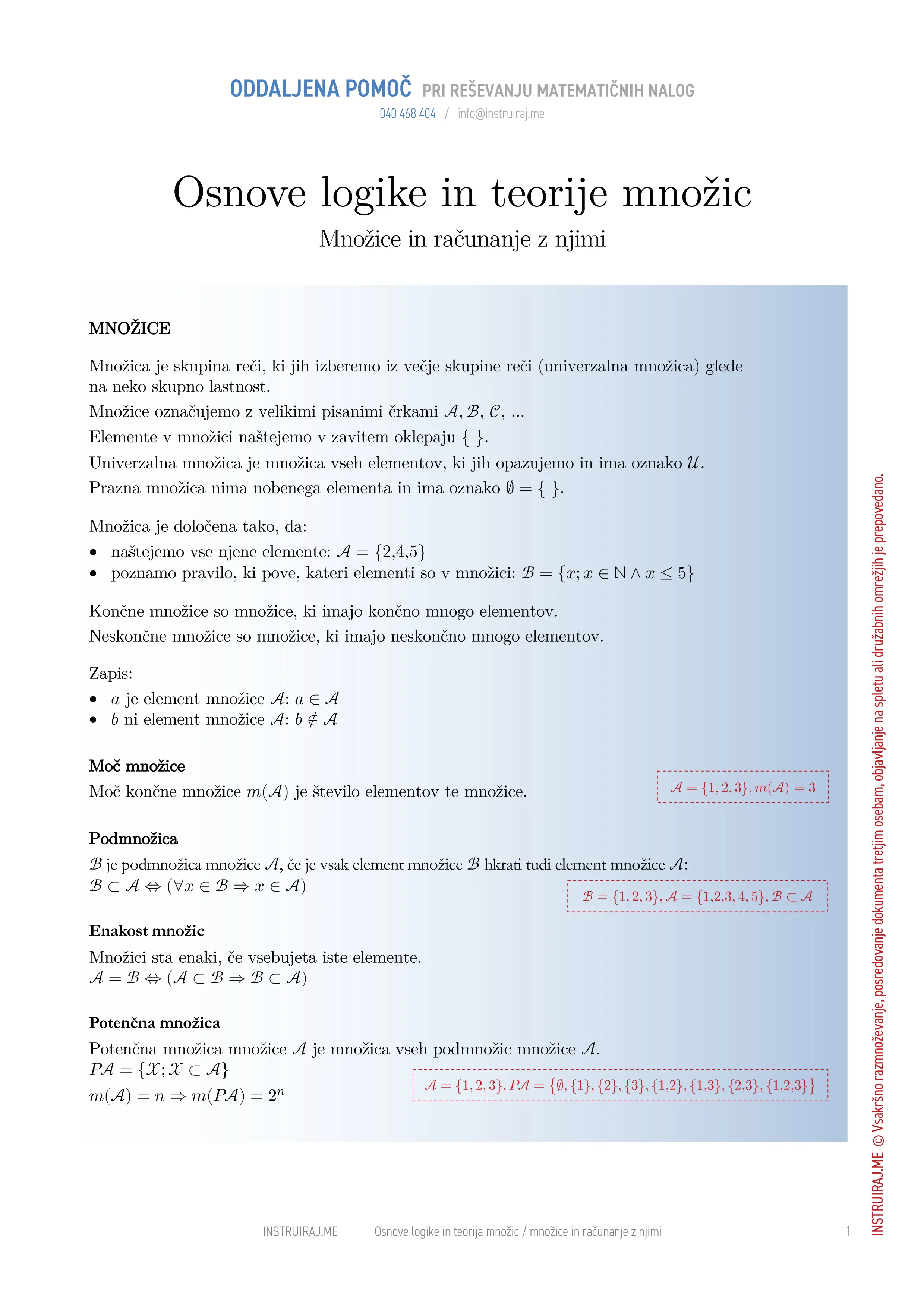 Osnove logike in teorije množic: Množice in računanje z njimi