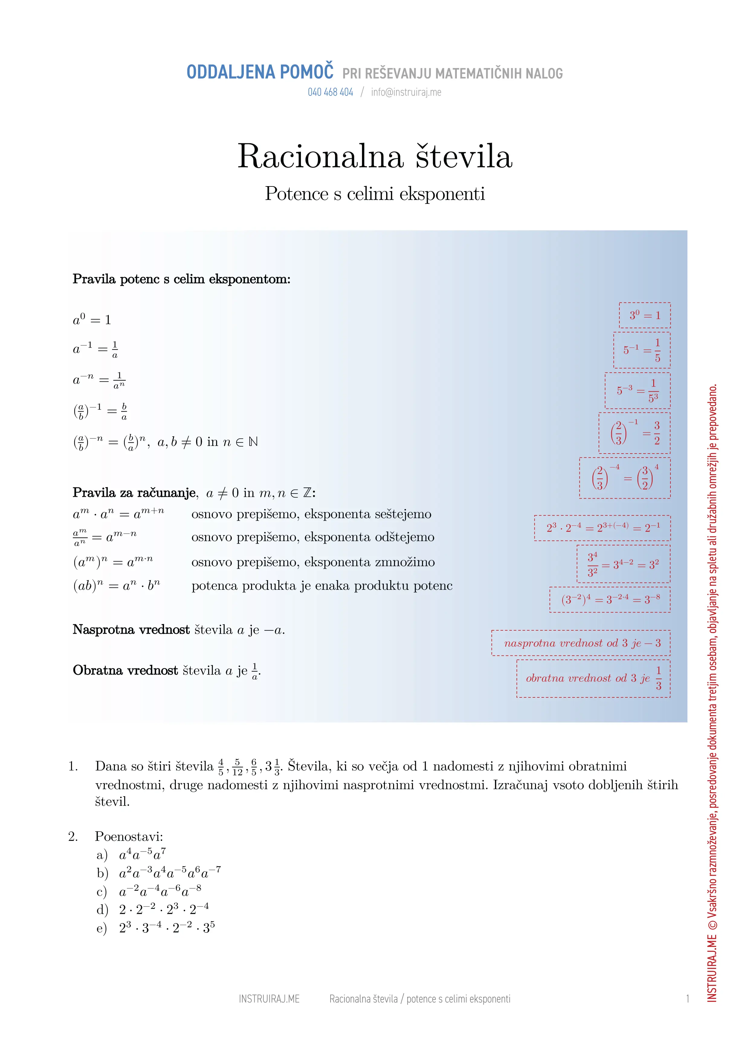 Racionalna števila: Potence s celimi eksponenti