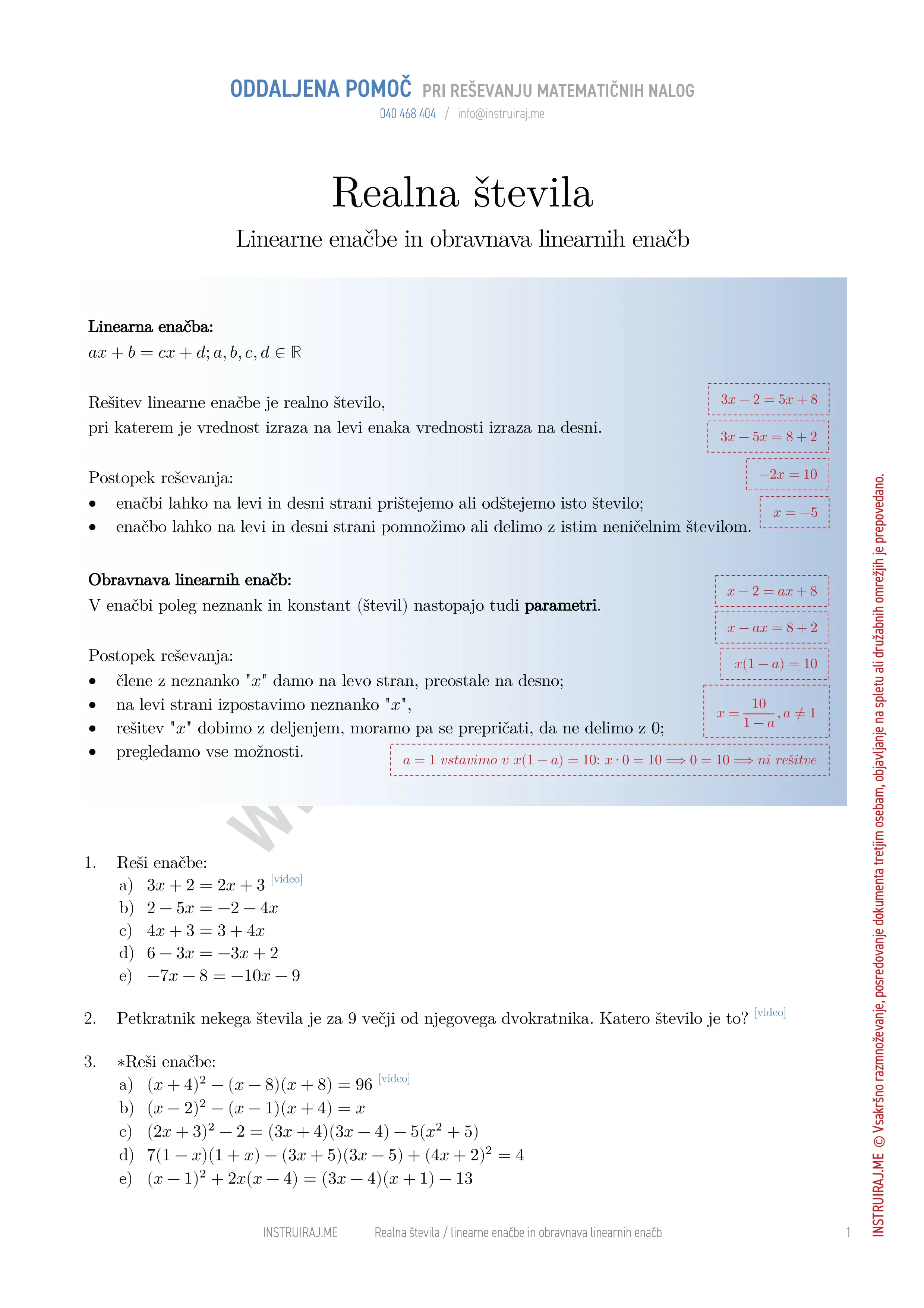 Realna števila: Linearne enačbe in obravnava linearnih enačb