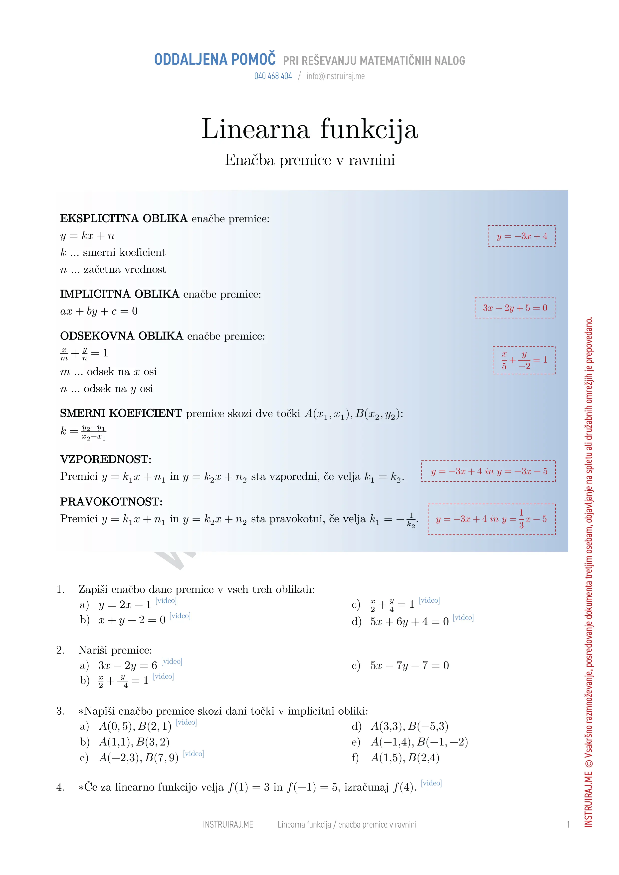 Linearna funkcija: Enačba premice v ravnini