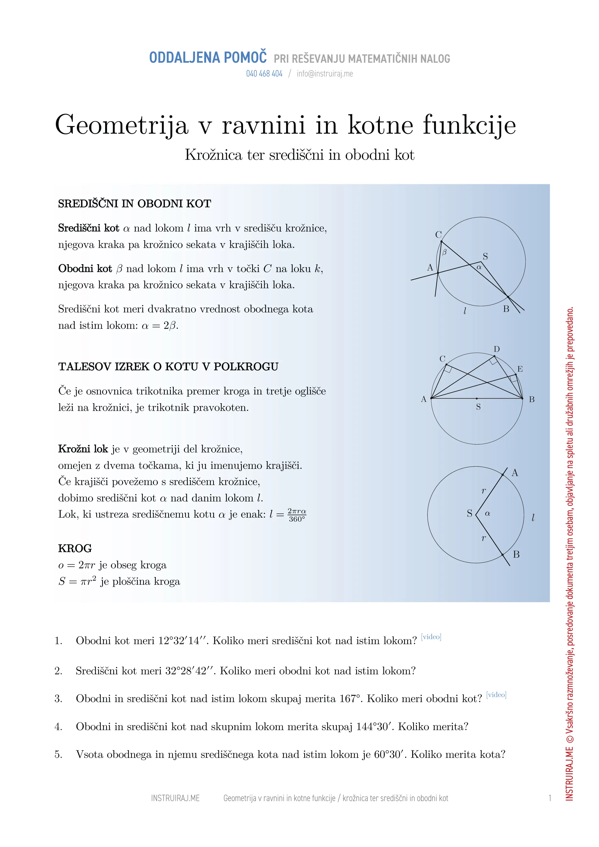Geometrija v ravnini in kotne funkcije: Krožnica ter središčni in obodni kot