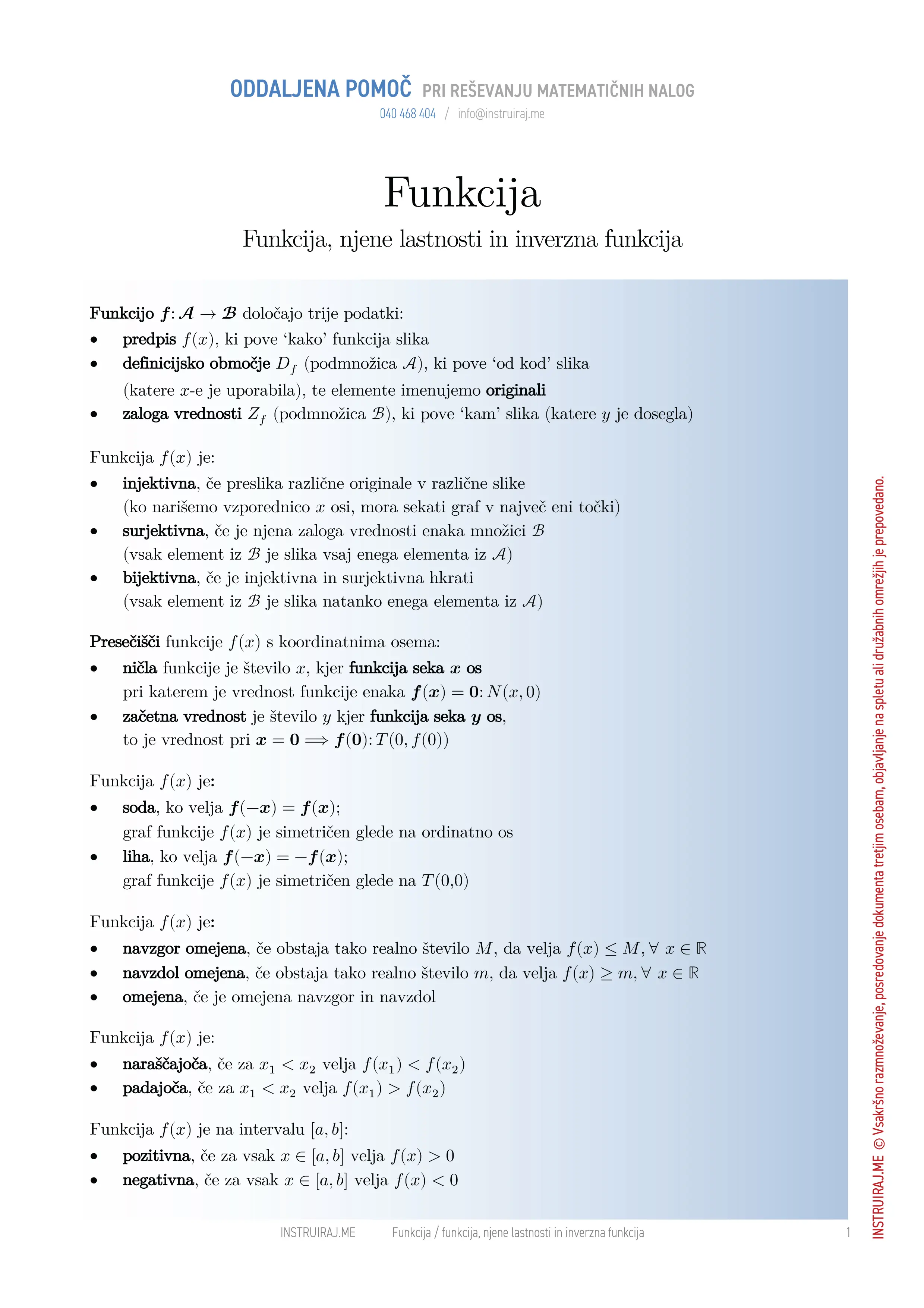 Funkcija: Funkcija, njene lastnosti in inverzna funkcija
