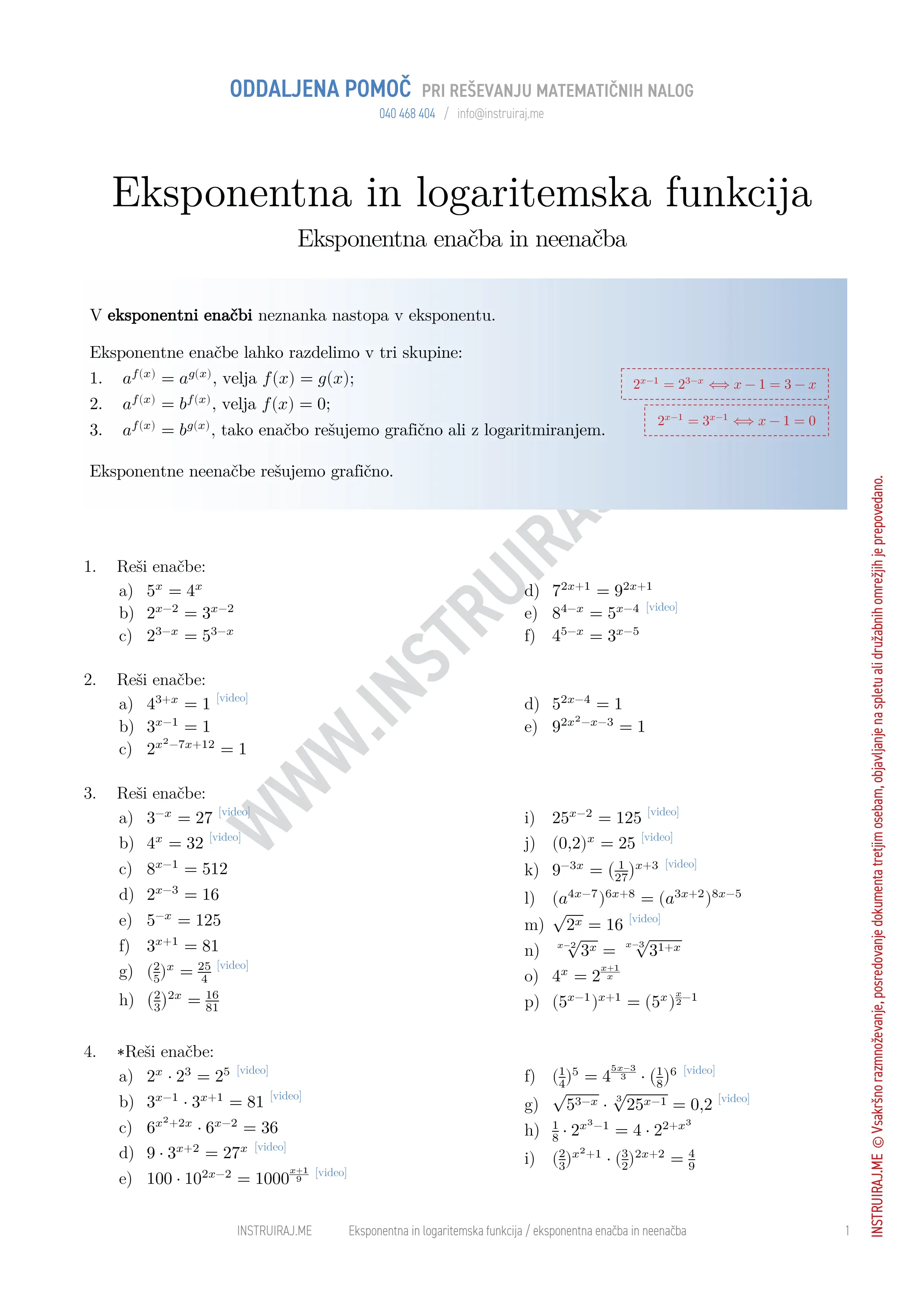 Eksponentna in logaritemska funkcija: Eksponentna enačba in neenačba
