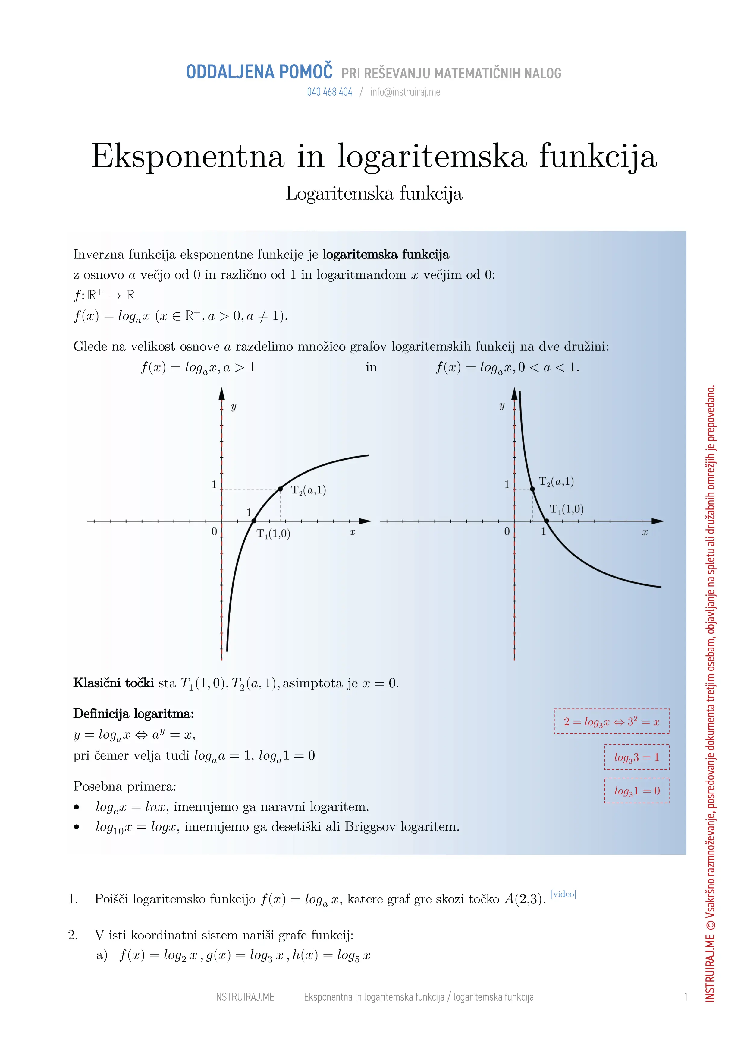 Eksponentna in logaritemska funkcija: Logaritemska funkcija