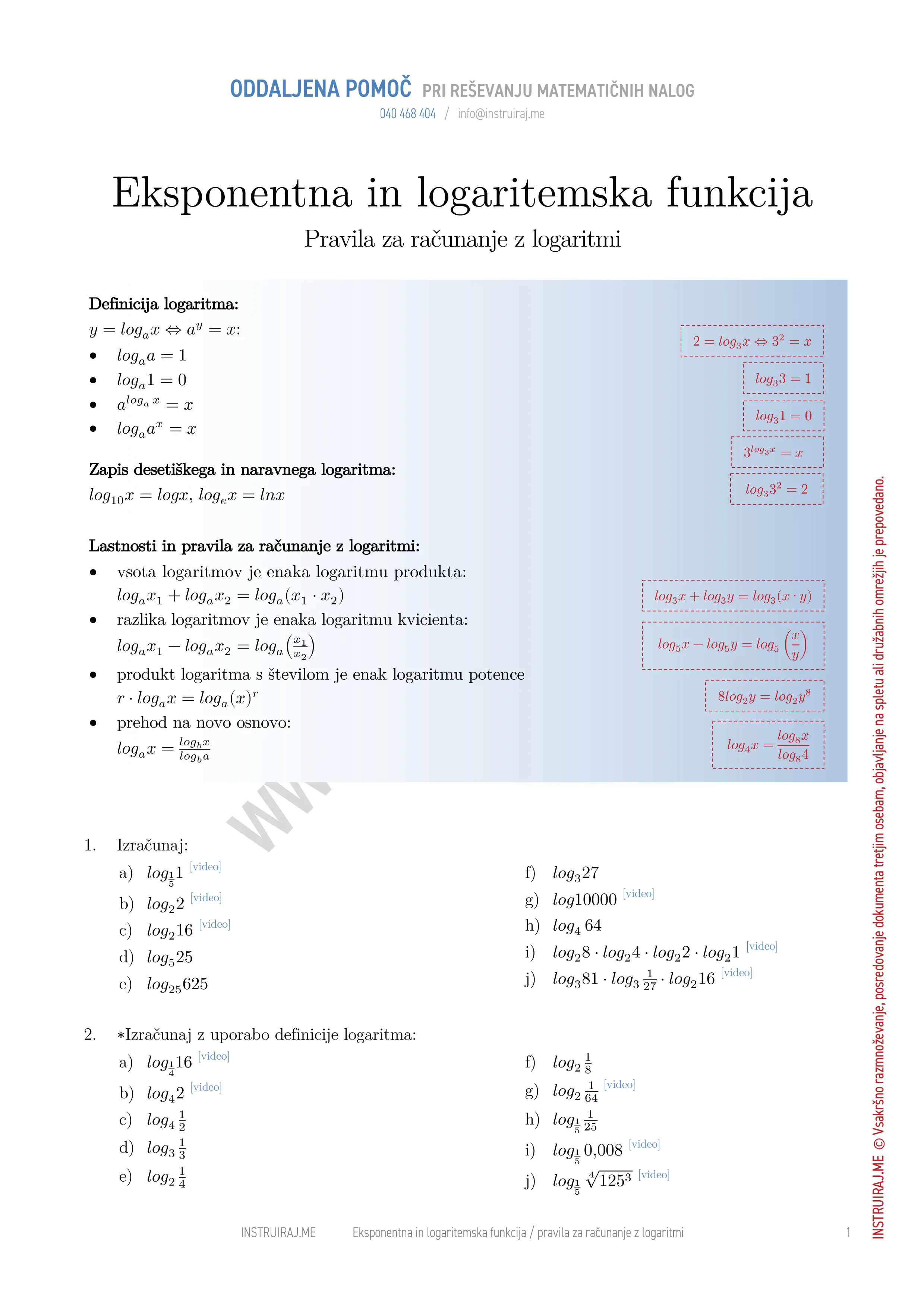 Eksponentna in logaritemska funkcija: Pravila za računanje z logaritmi