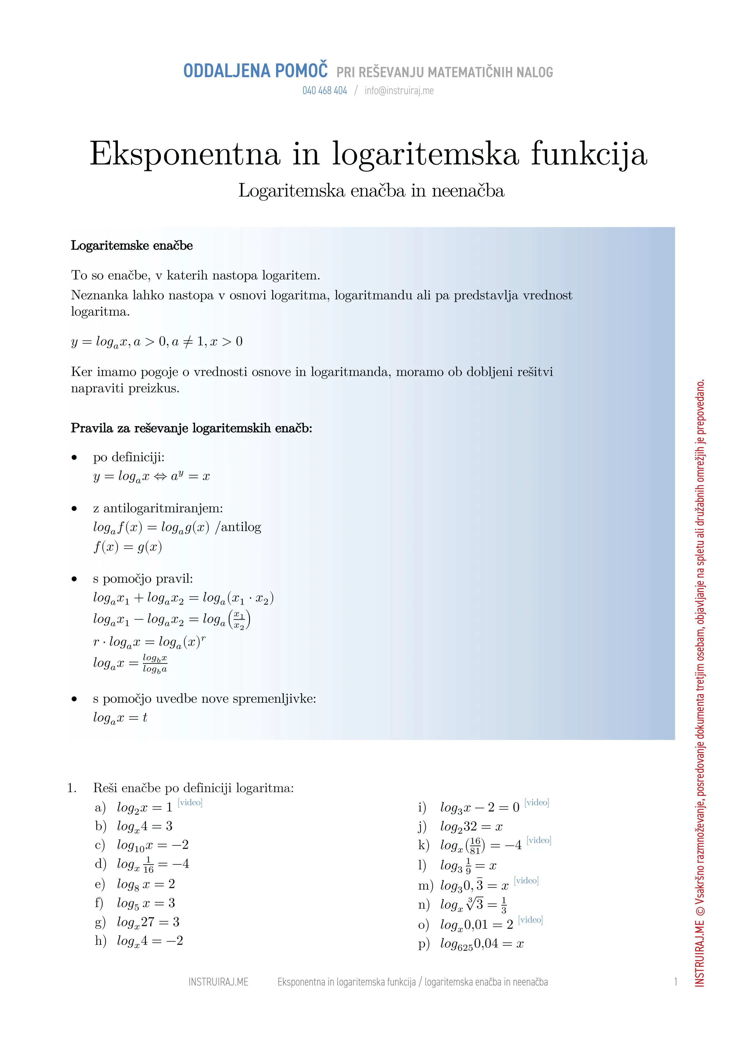 Eksponentna in logaritemska funkcija: Logaritemska enačba in neenačba
