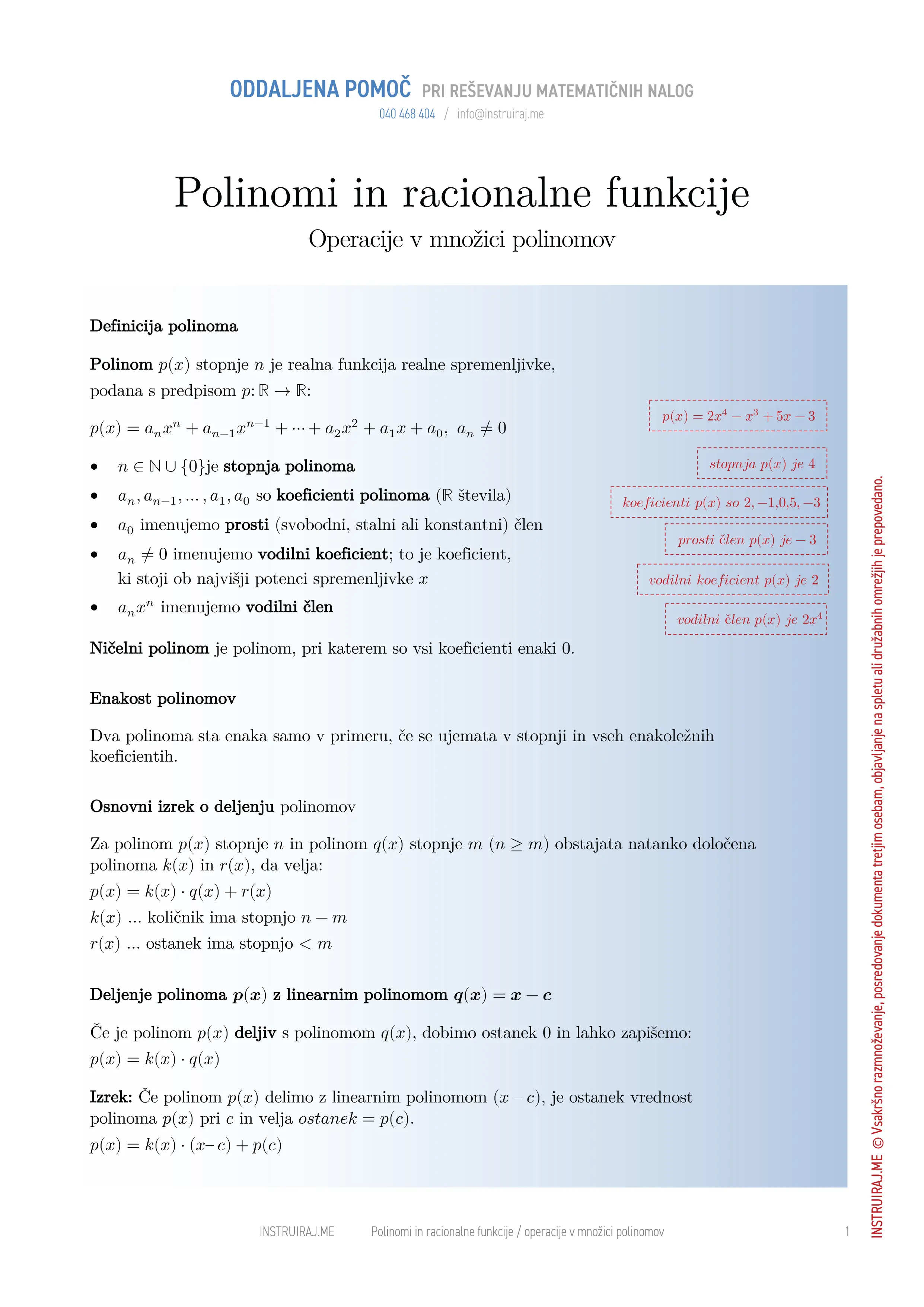 Polinomi in racionalne funkcije: Operacije v množici polinomov