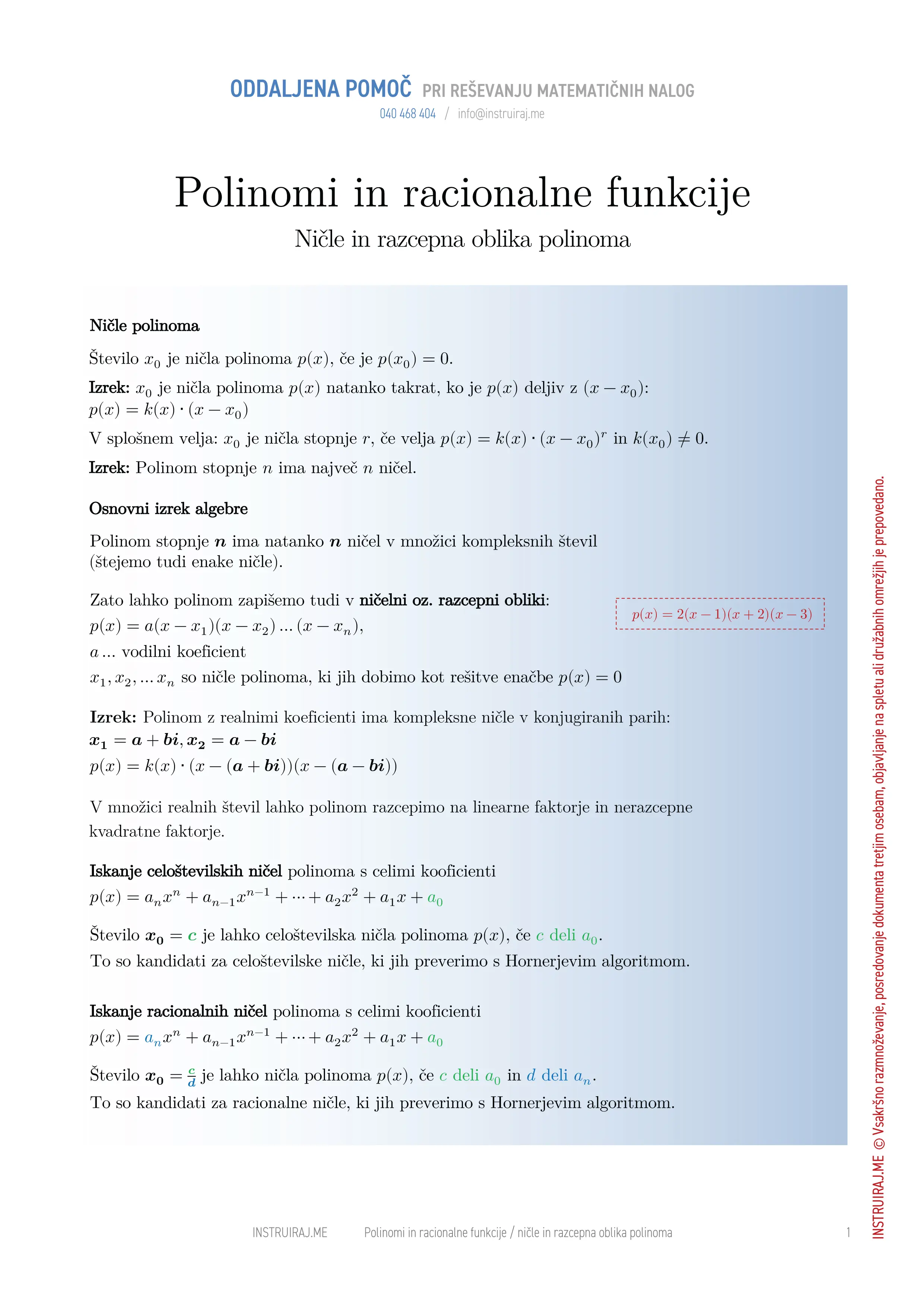 Polinomi in racionalne funkcije: Ničle polinoma in razcepna oblika polinoma