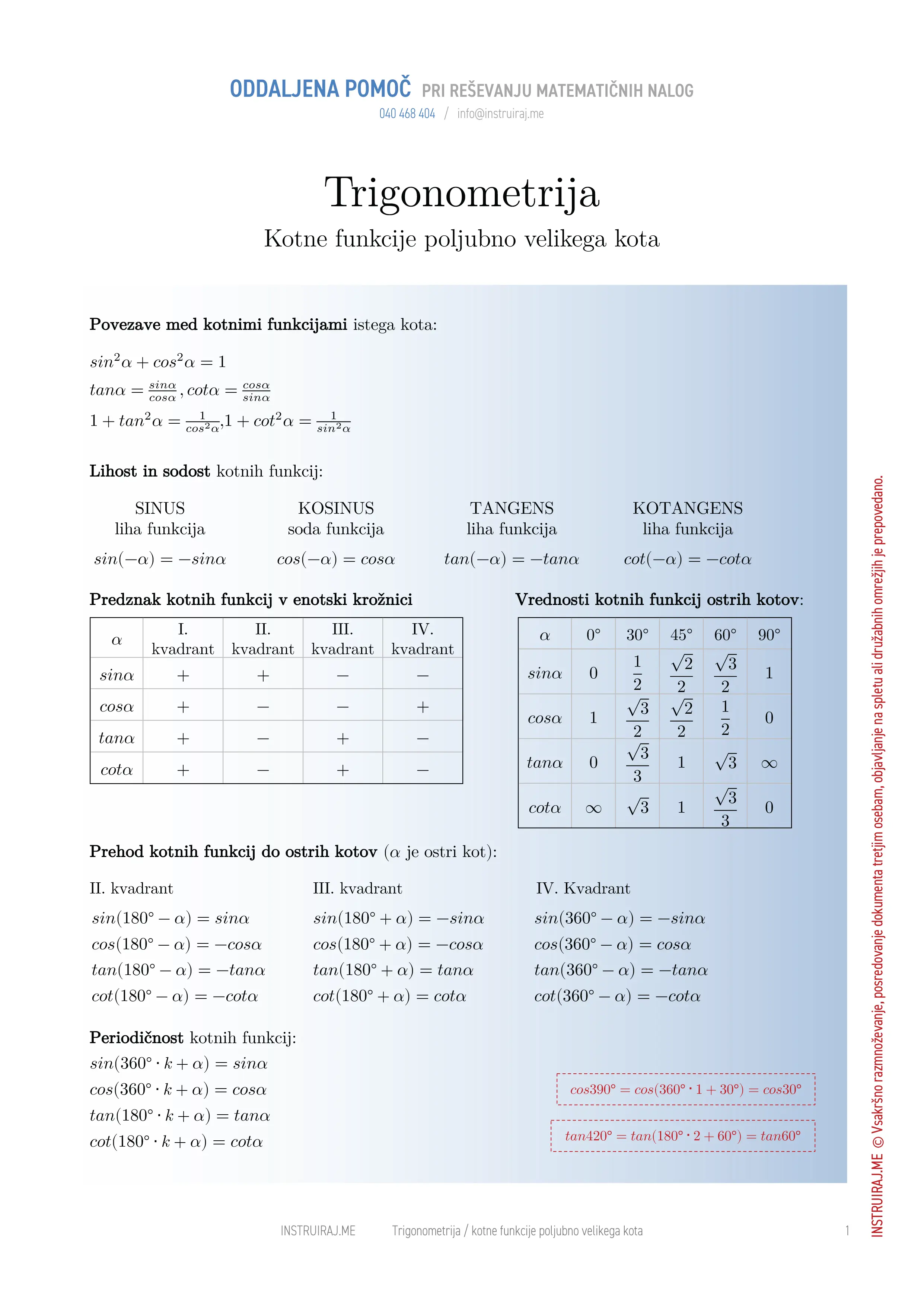 Trigonometrija: Kotne funkcije poljubno velikega kota