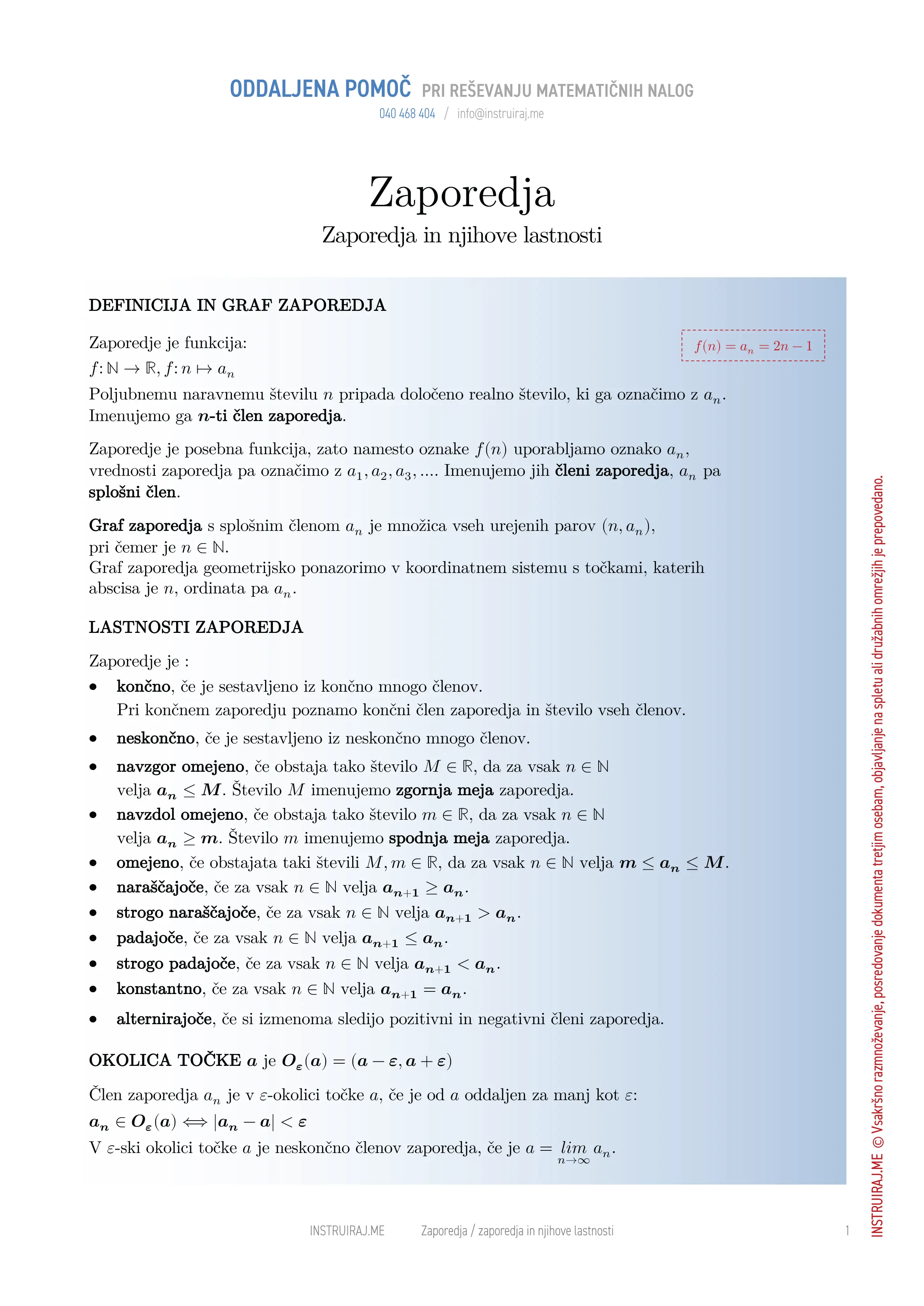 Zaporedja: Zaporedja in njihove lastnosti