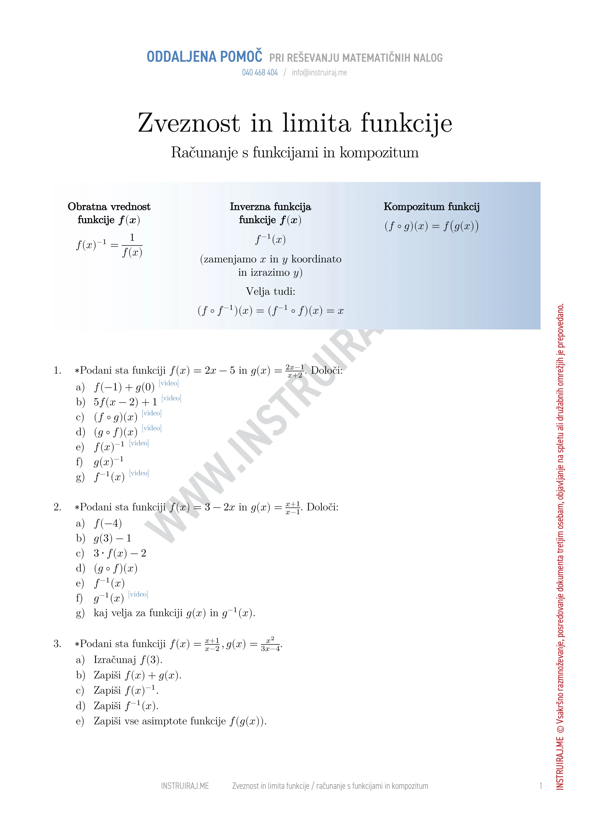 Zveznost in limita funkcije: Računanje s funkcijami in kompozitum