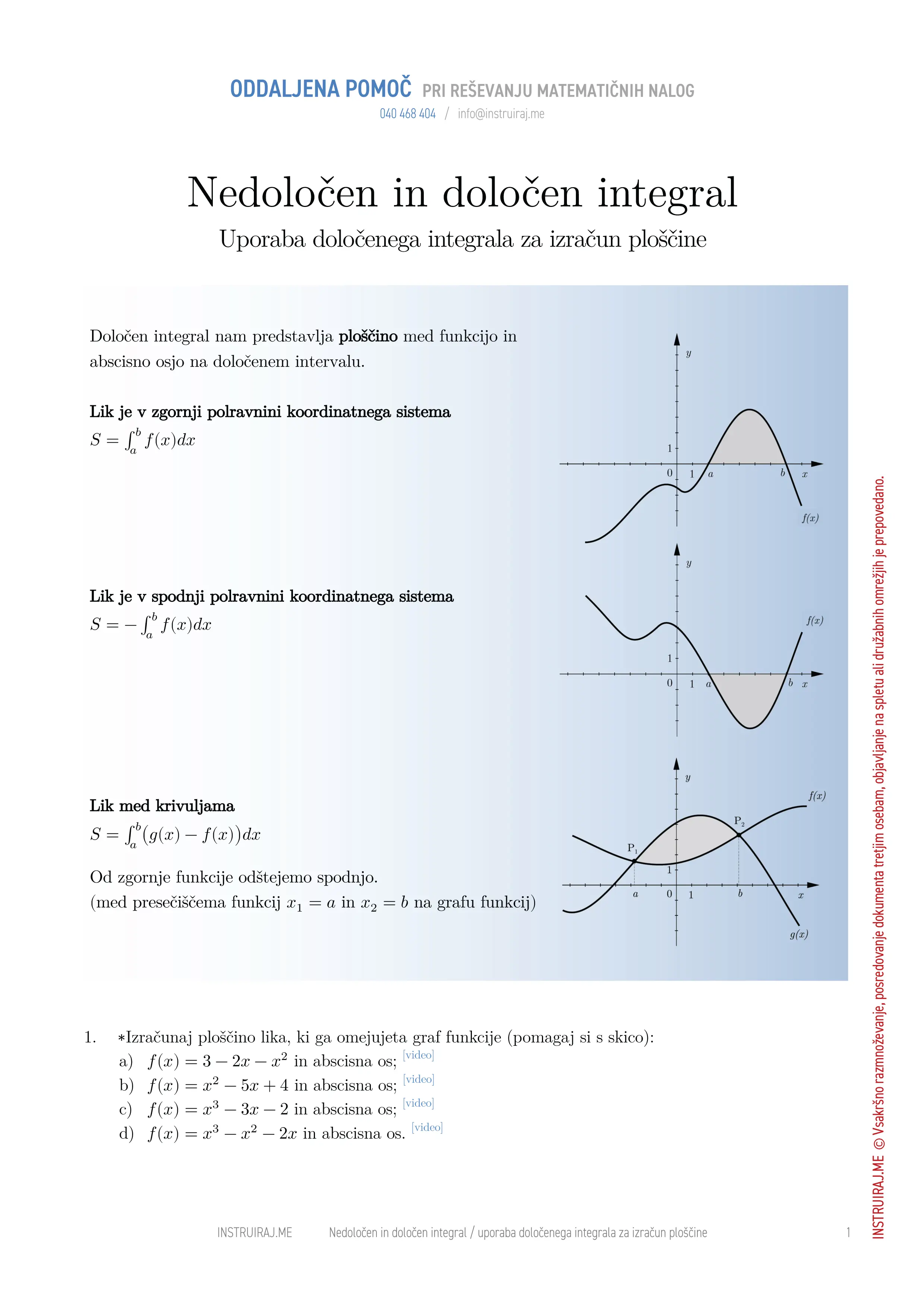 Nedoločeni in določeni integral: Uporaba določenega integrala za izračun ploščine