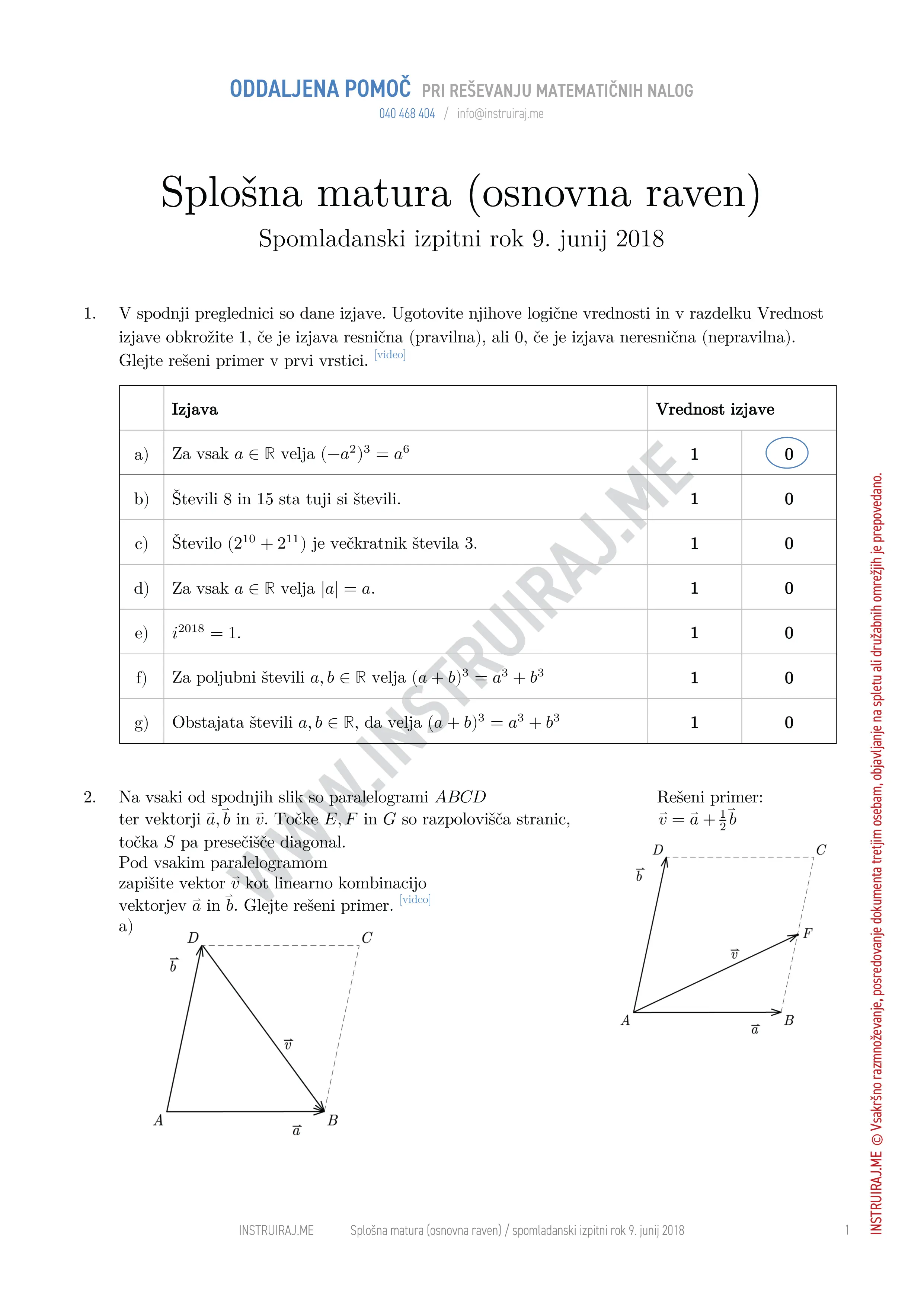 Splošna matura (osnovna raven): Splošna matura OR, spomladanski izpitni rok 9. junij 2018