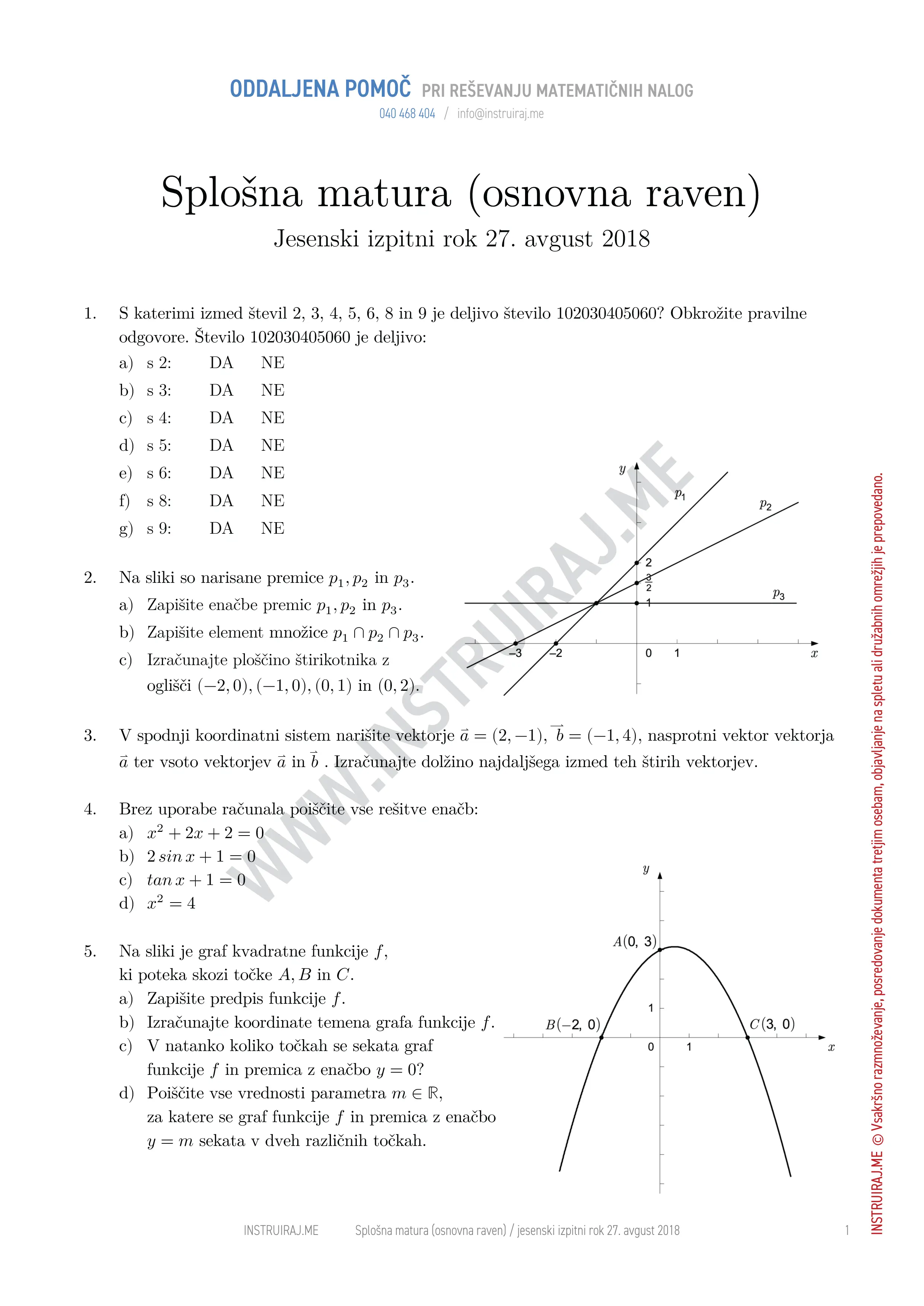 Splošna matura (osnovna raven): Splošna matura OR, jesenski izpitni rok 27. avgust 2018