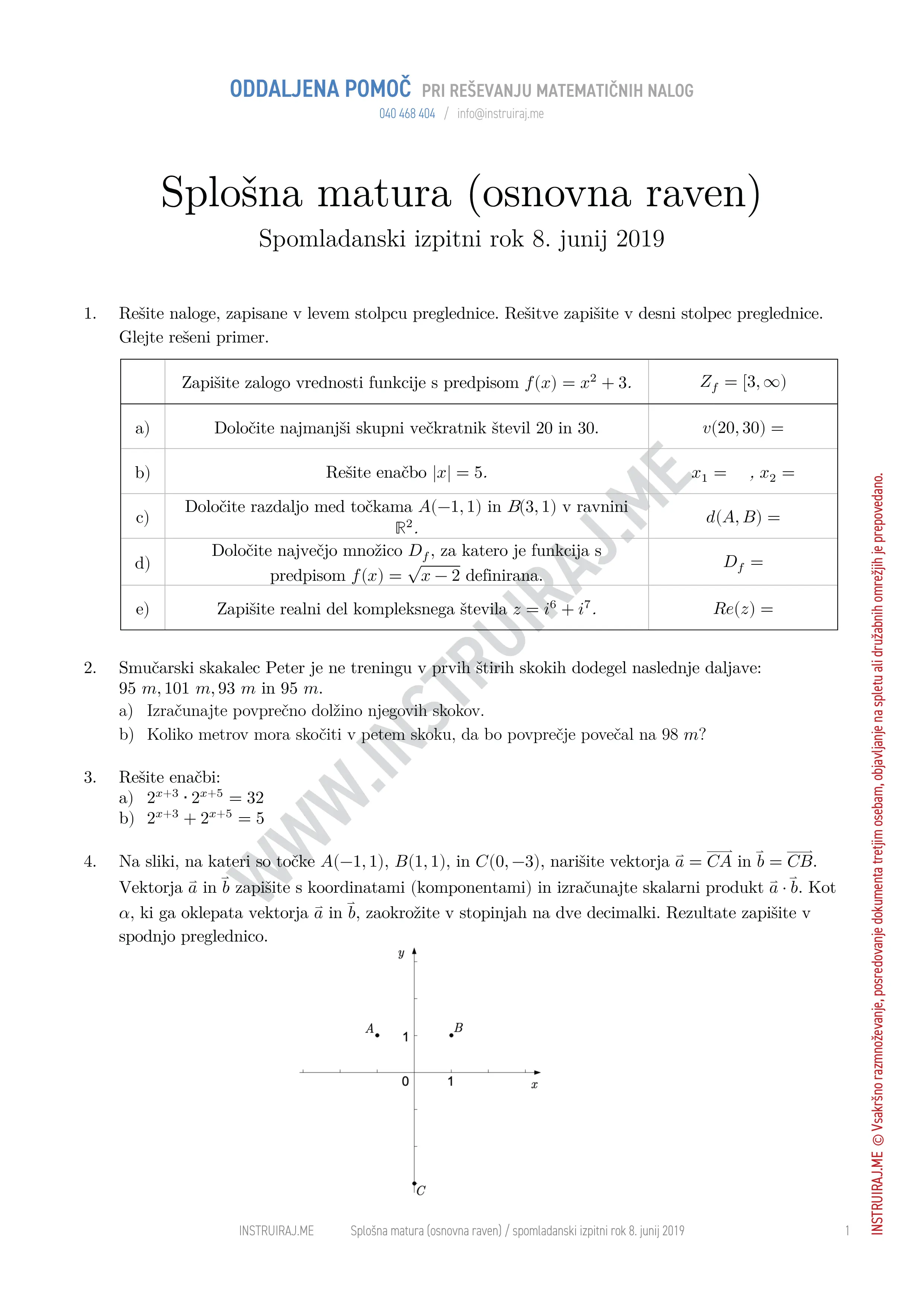 Splošna matura (osnovna raven): Splošna matura OR, spomladanski izpitni rok 8. junij 2019
