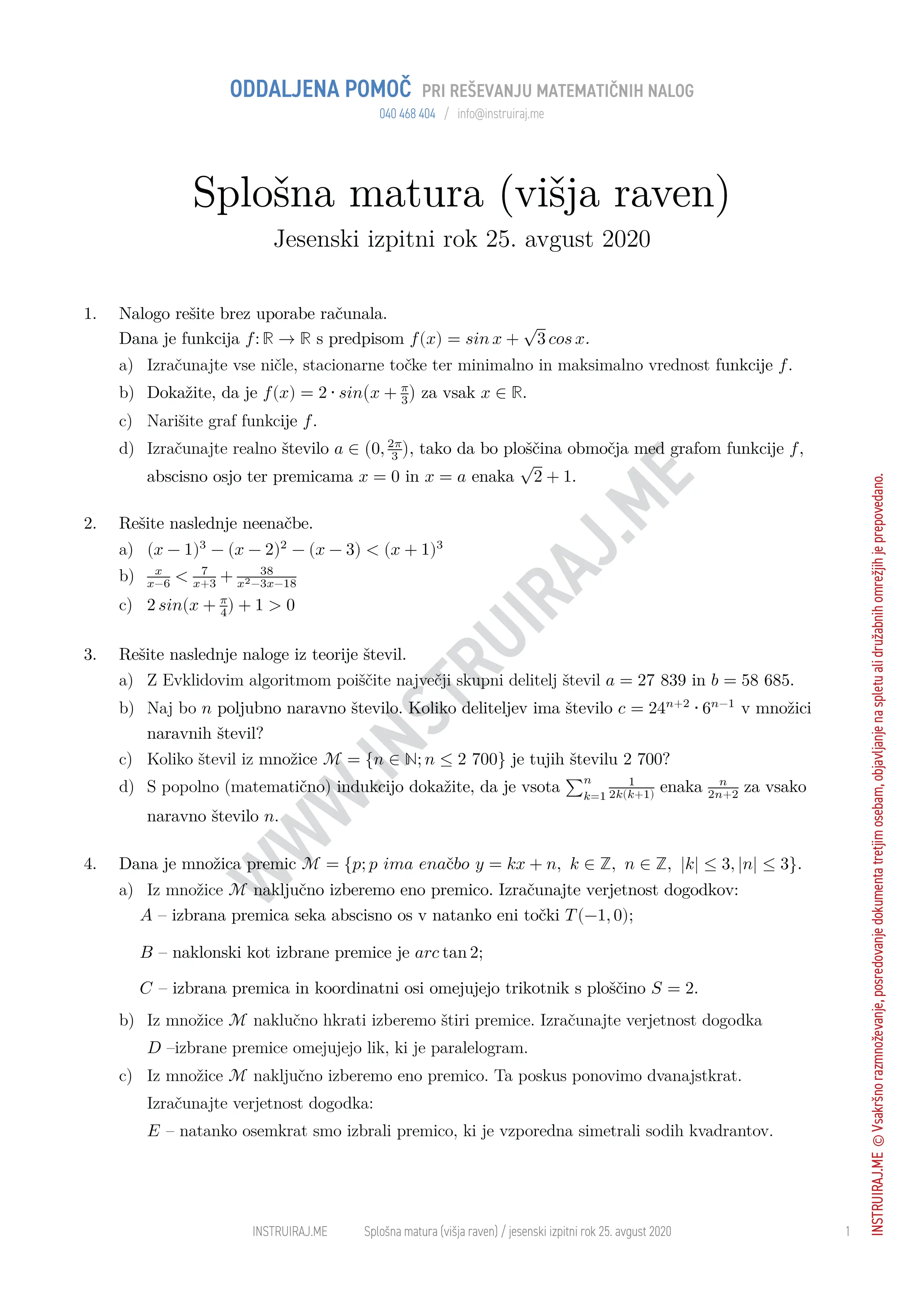 Splošna matura (višja raven): Splošna matura VR, jesenski izpitni rok 25. avgust 2020