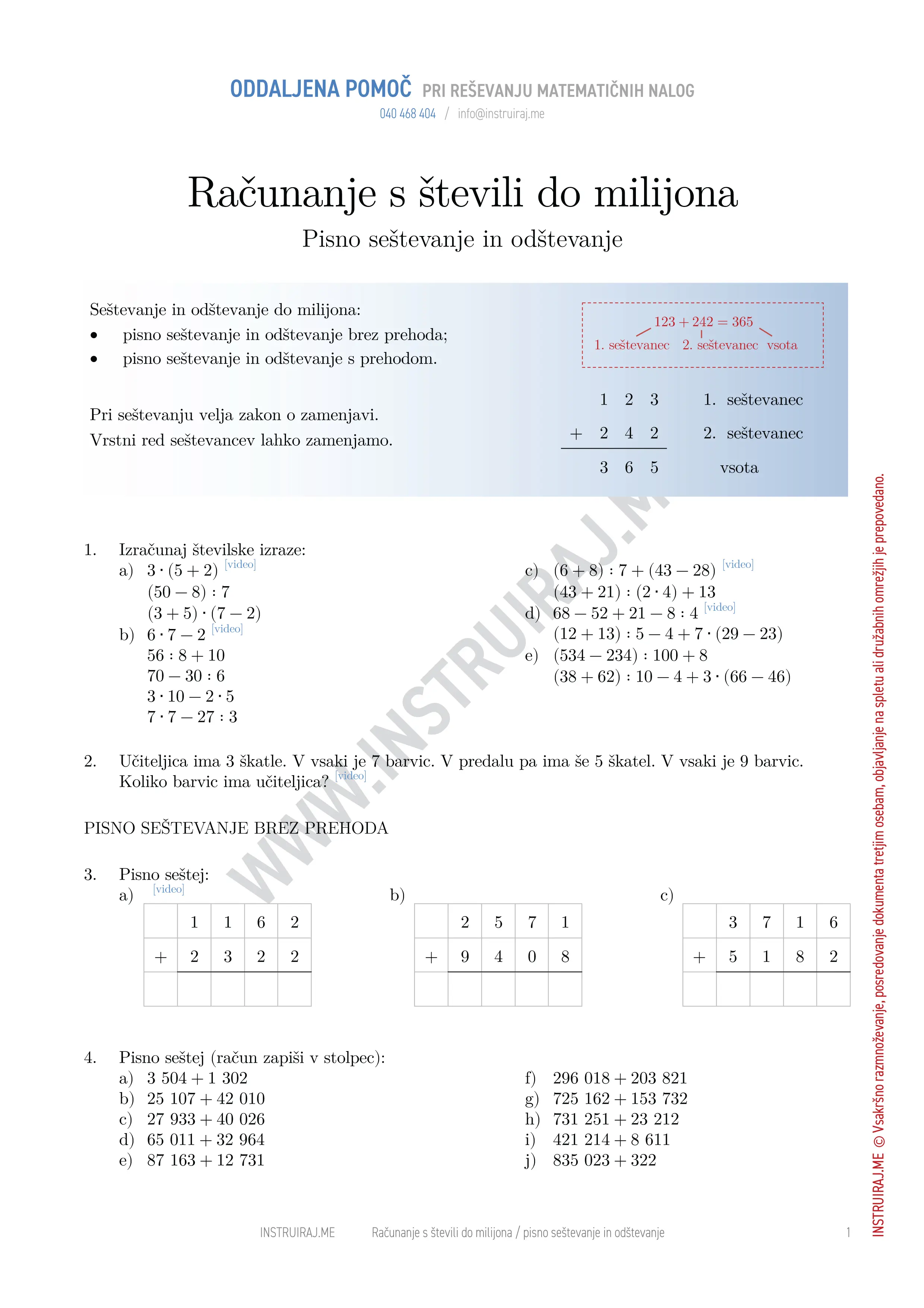 Računanje s števili do milijona: Pisno seštevanje in odštevanje