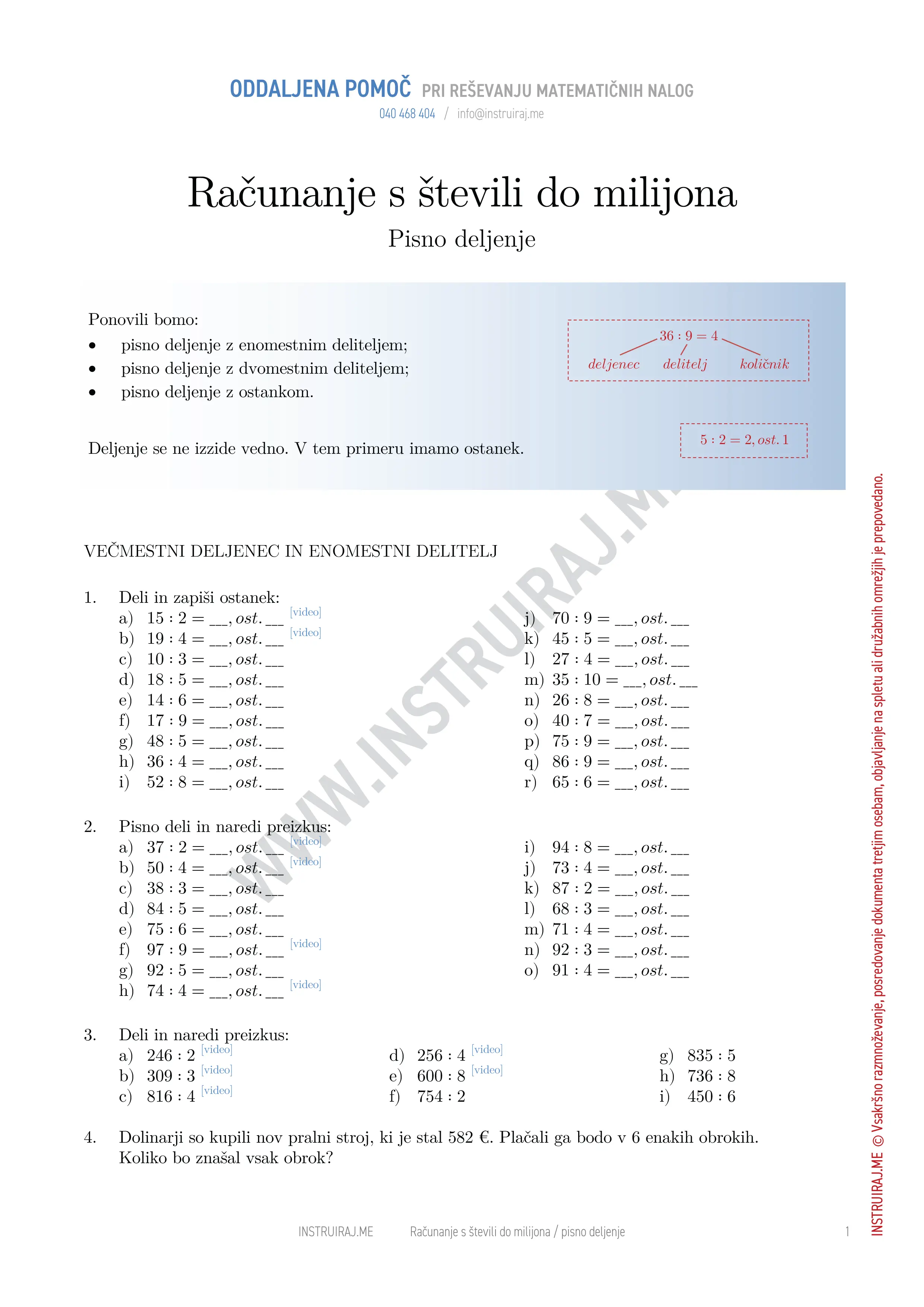 Računanje s števili do milijona: Pisno deljenje