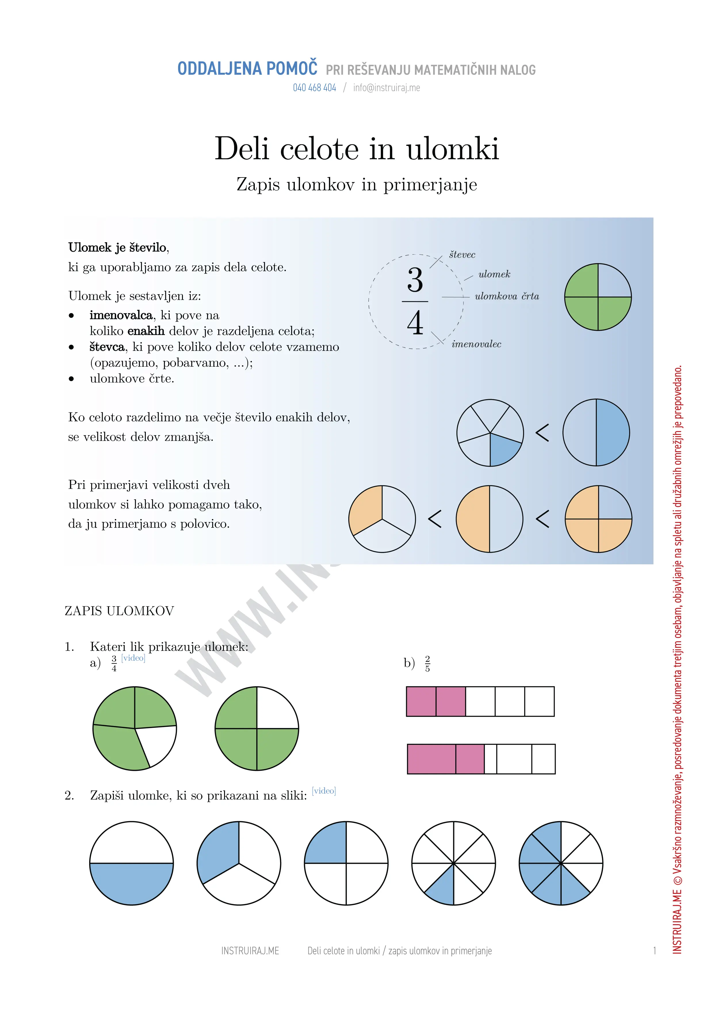 Deli celote in ulomki: Zapis ulomkov in primerjanje