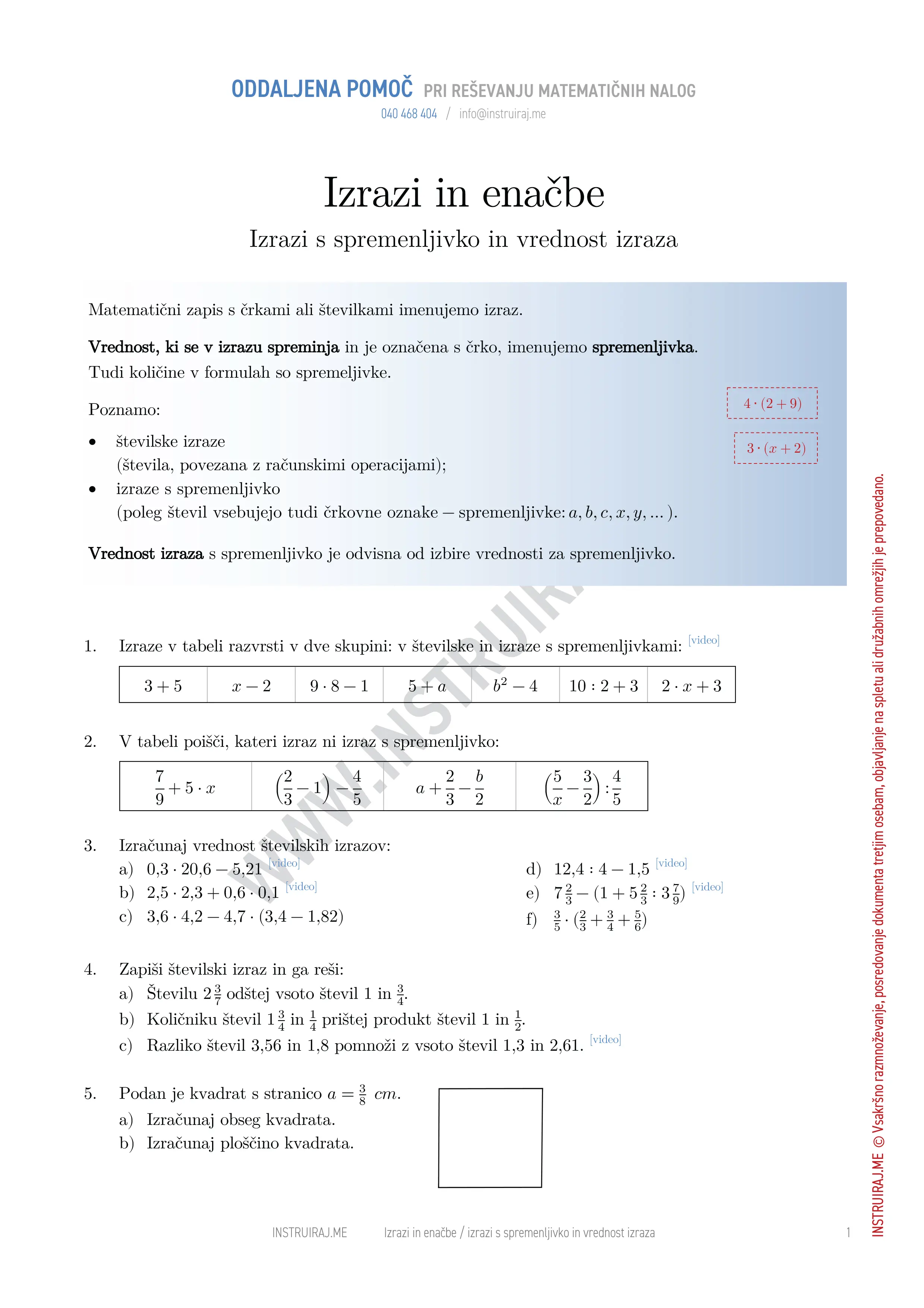 Izrazi in enačbe: Izrazi s spremenljivko in vrednost izraza