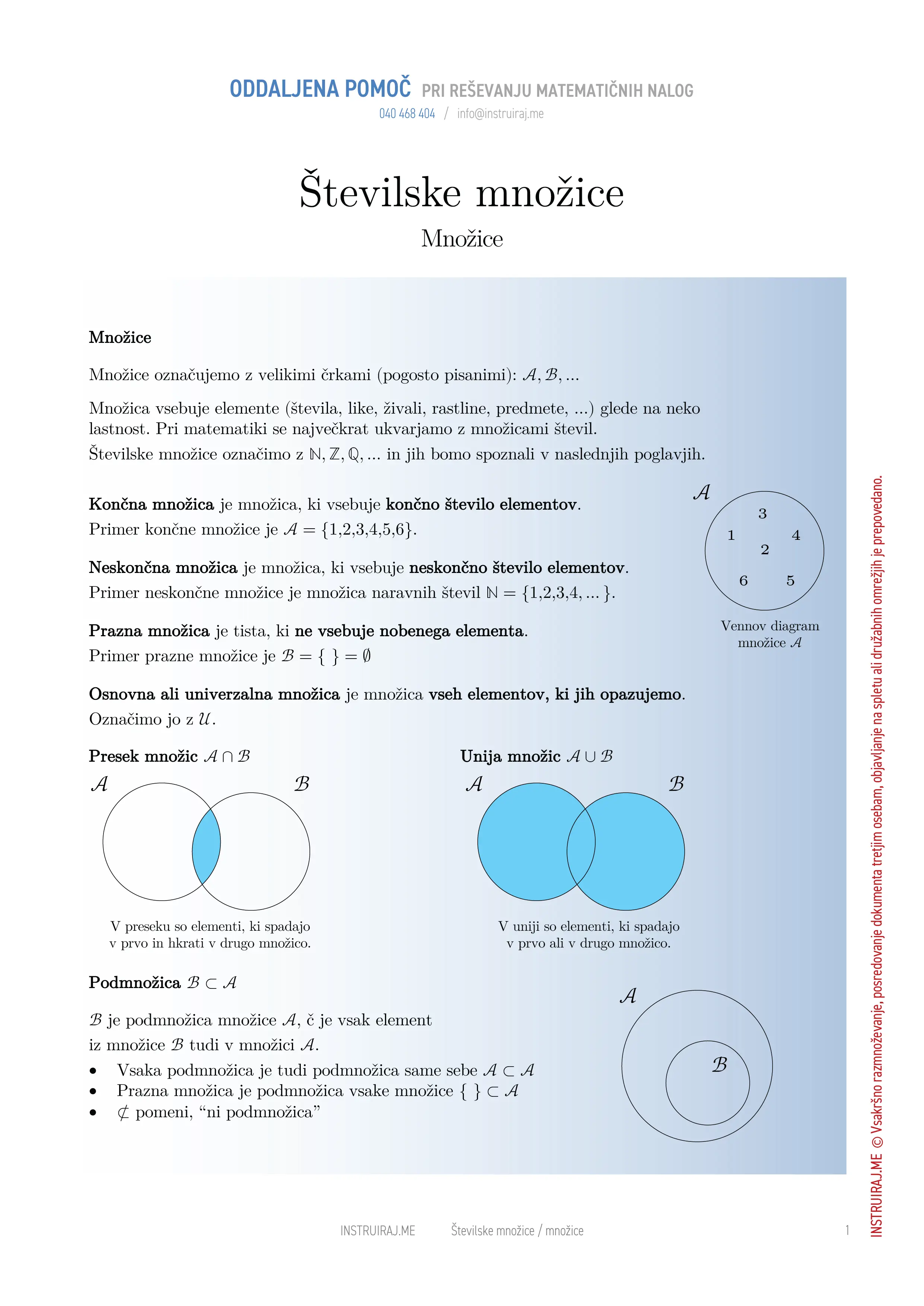 Številske množice: Množice