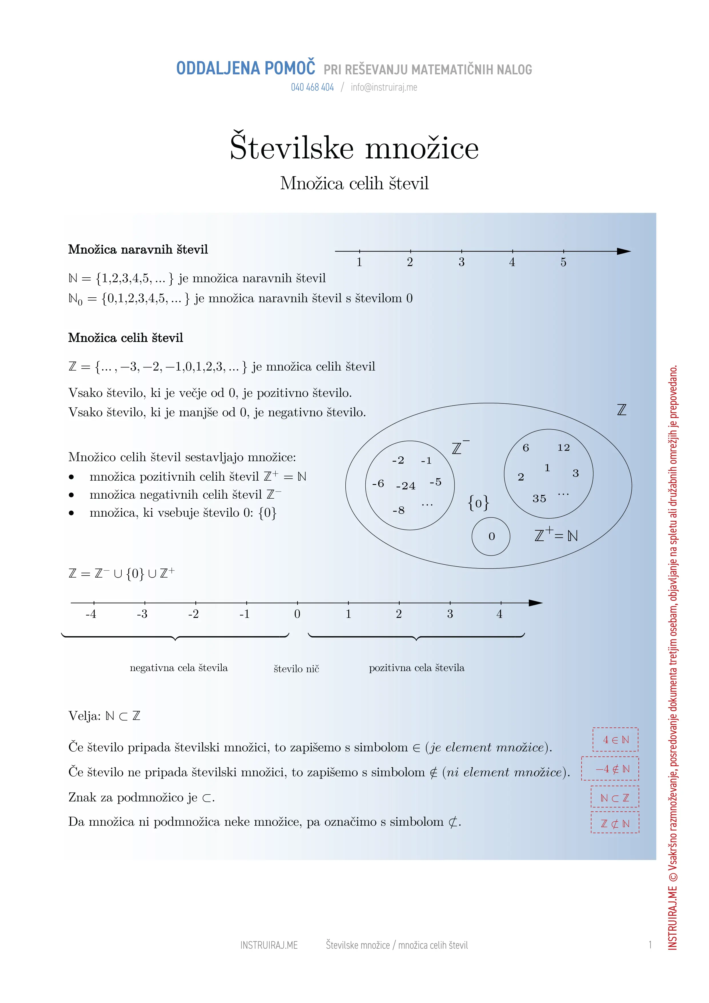Številske množice: Množica celih števil