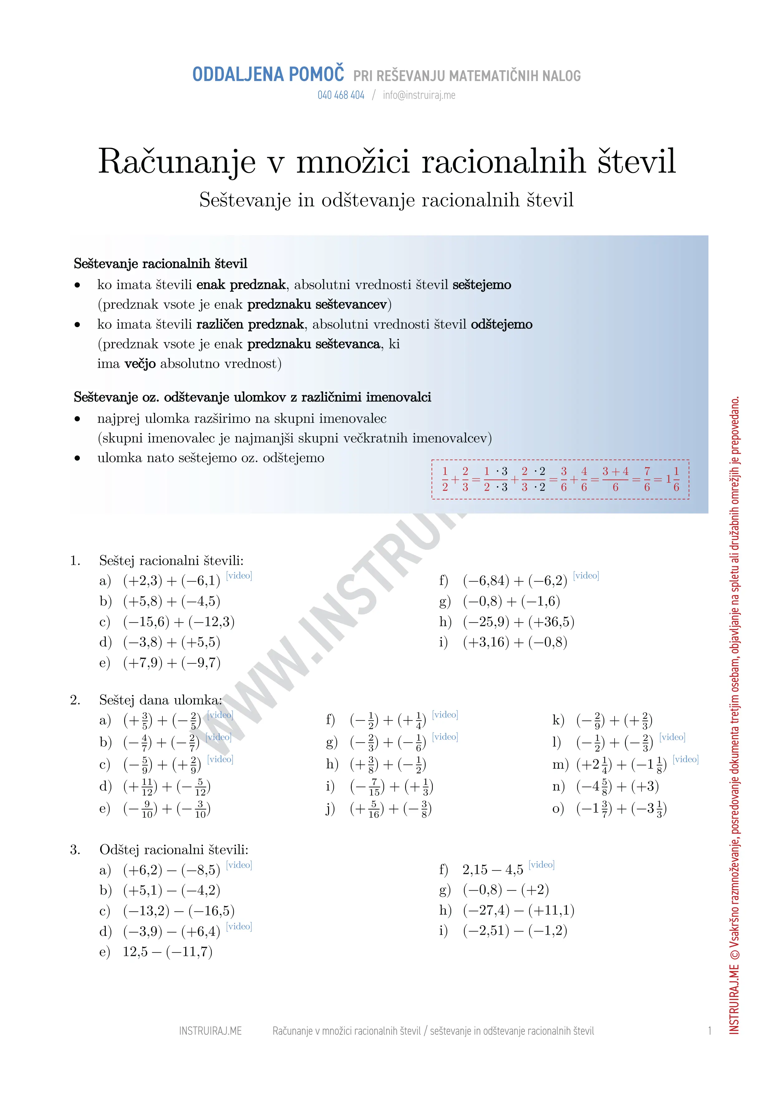 Računanje v množici racionalnih števil: Seštevanje in odštevanje racionalnih števil