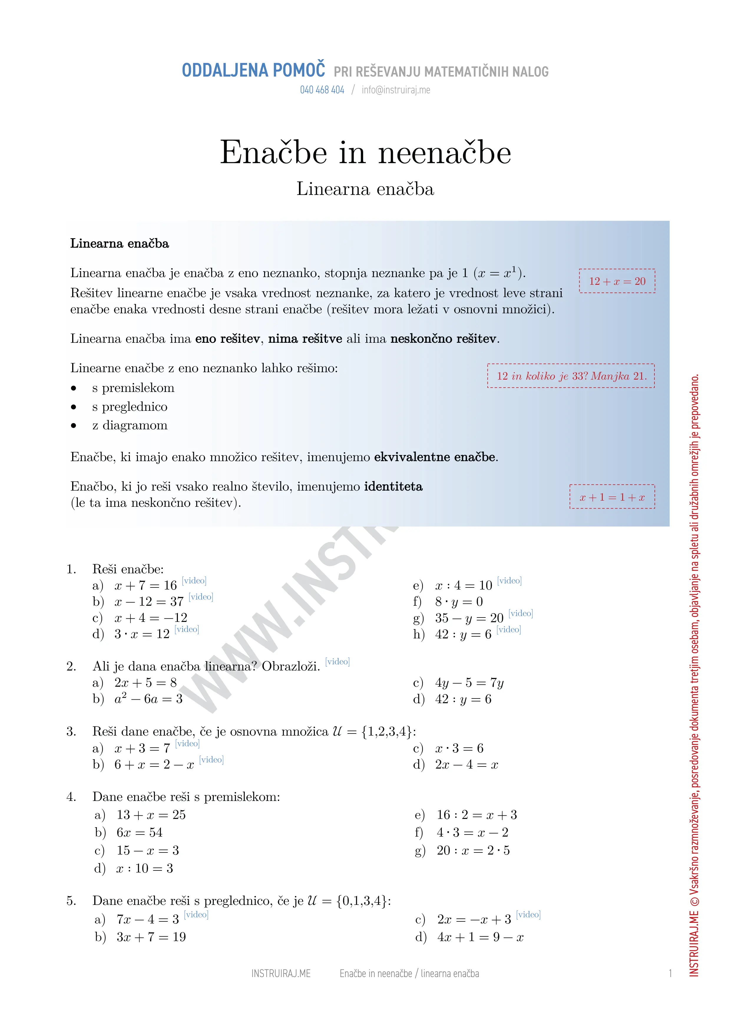 Enačbe in neenačbe: Linearna enačba
