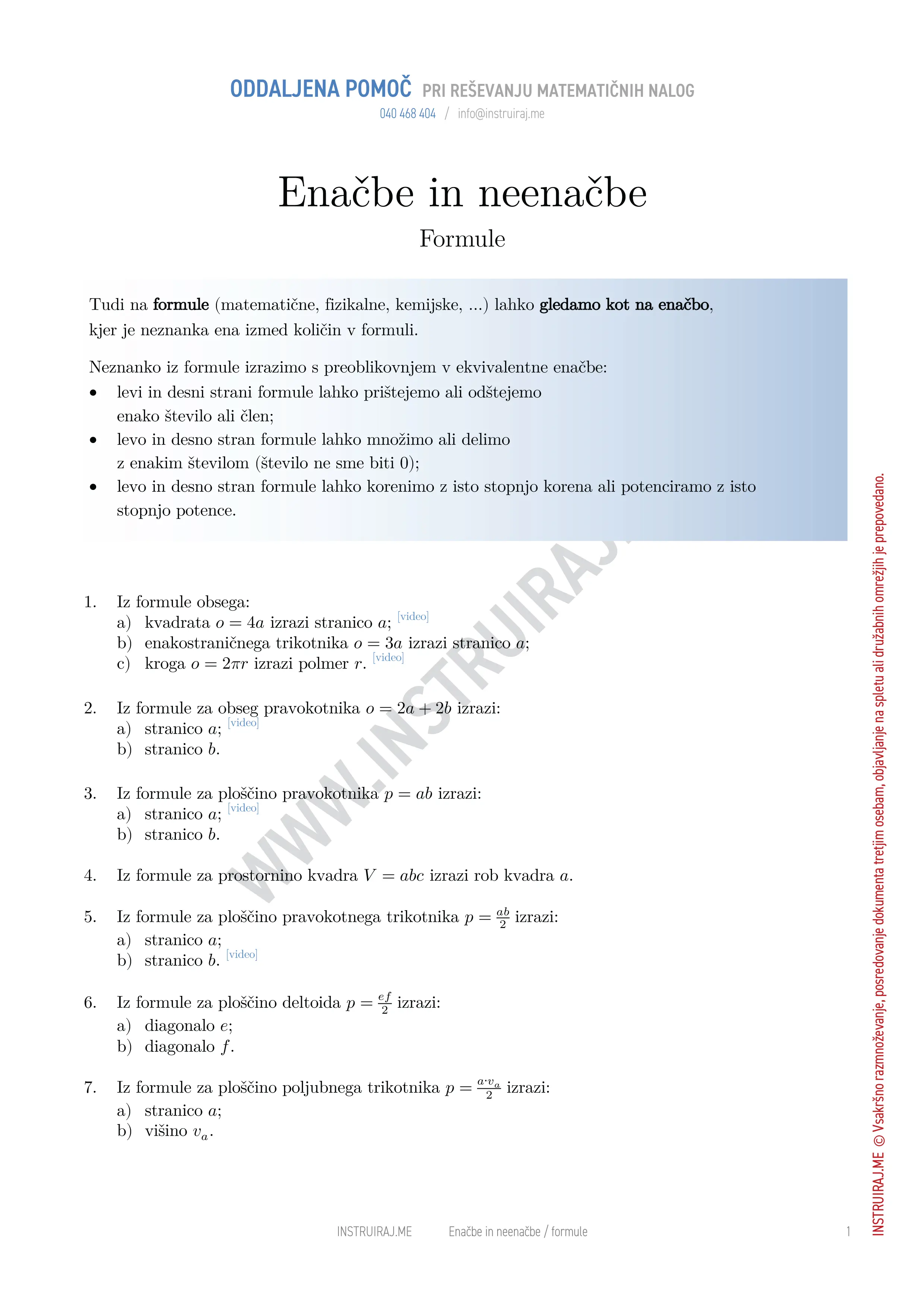 Enačbe in neenačbe: Formule