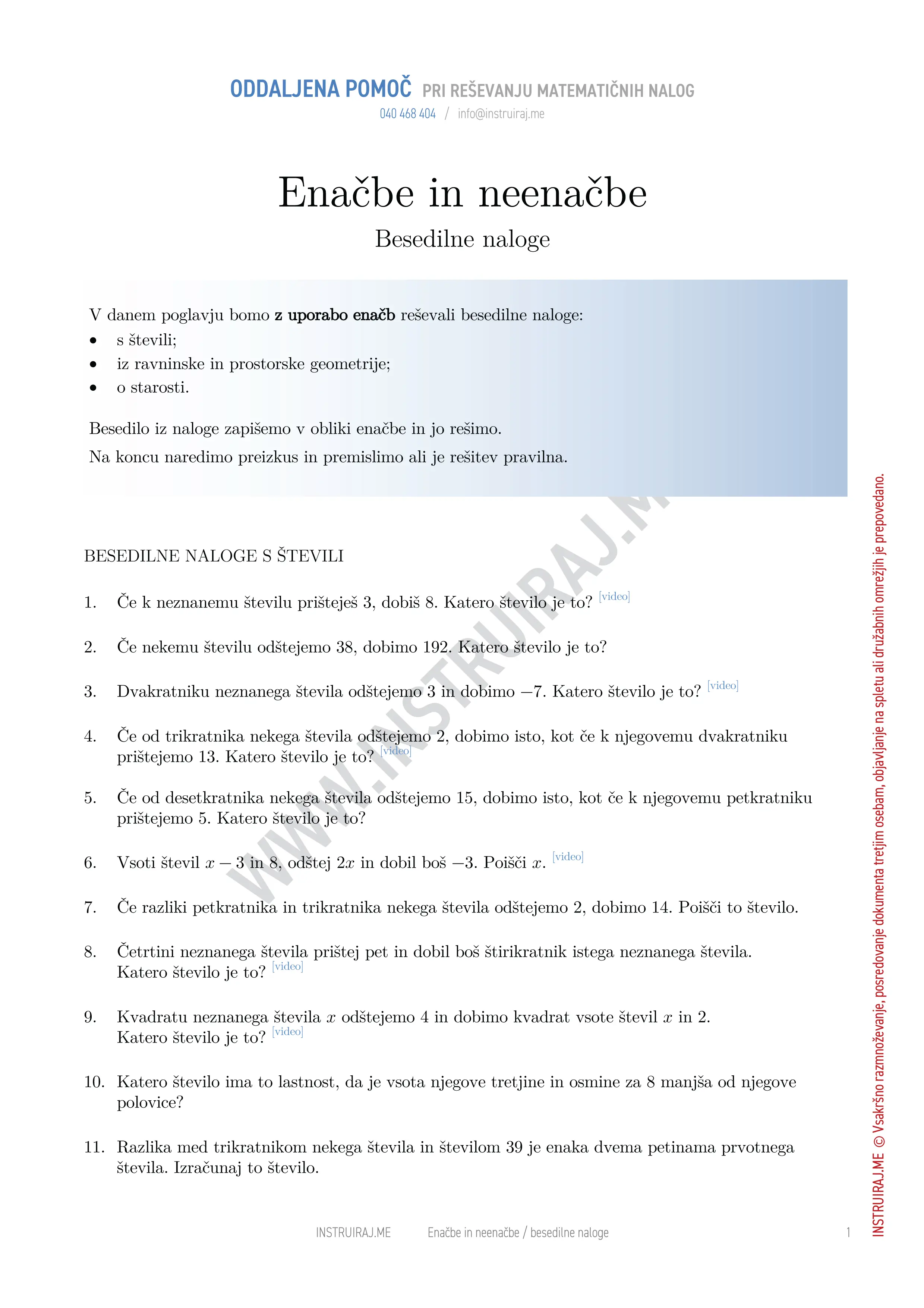 Enačbe in neenačbe: Besedilne naloge