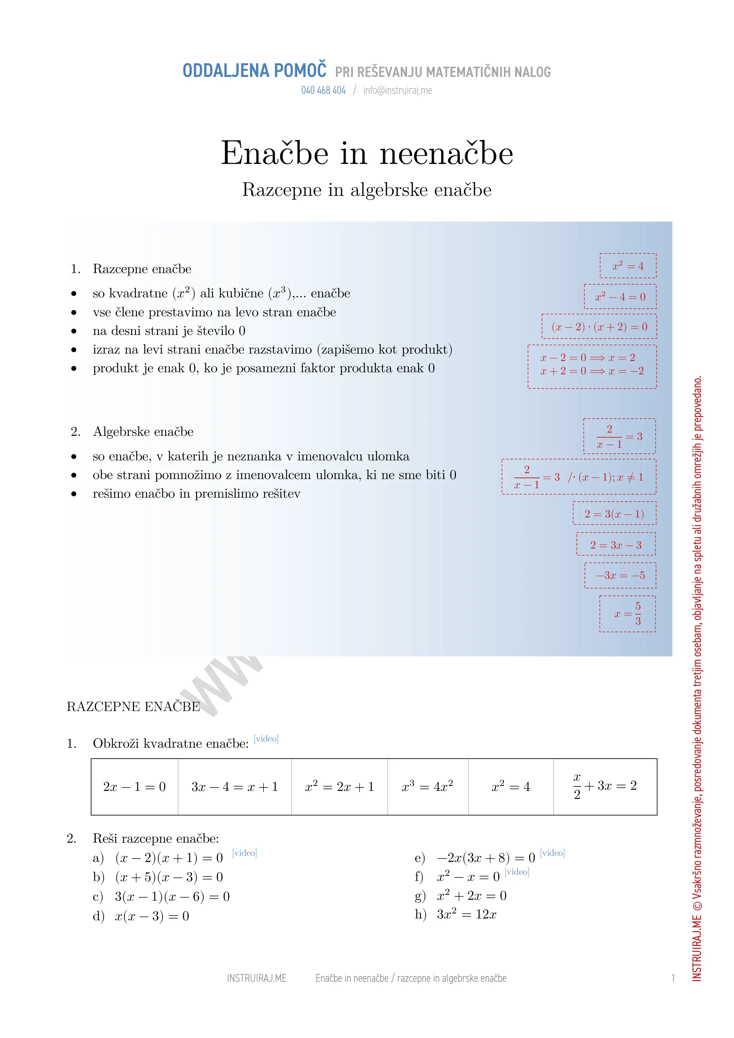 Enačbe in neenačbe: Razcepne in algebrske enačbe