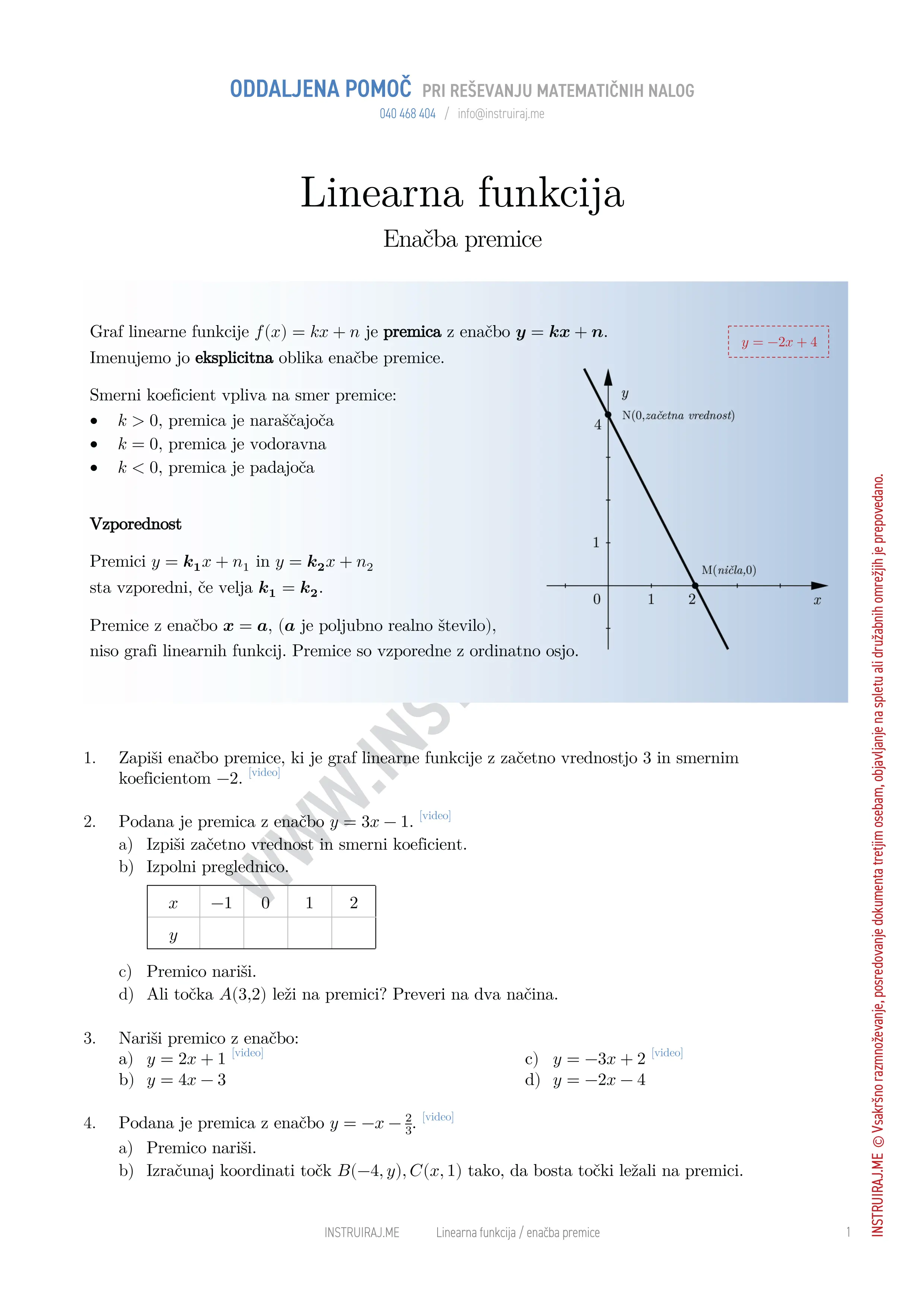 Linearna funkcija: Enačba premice