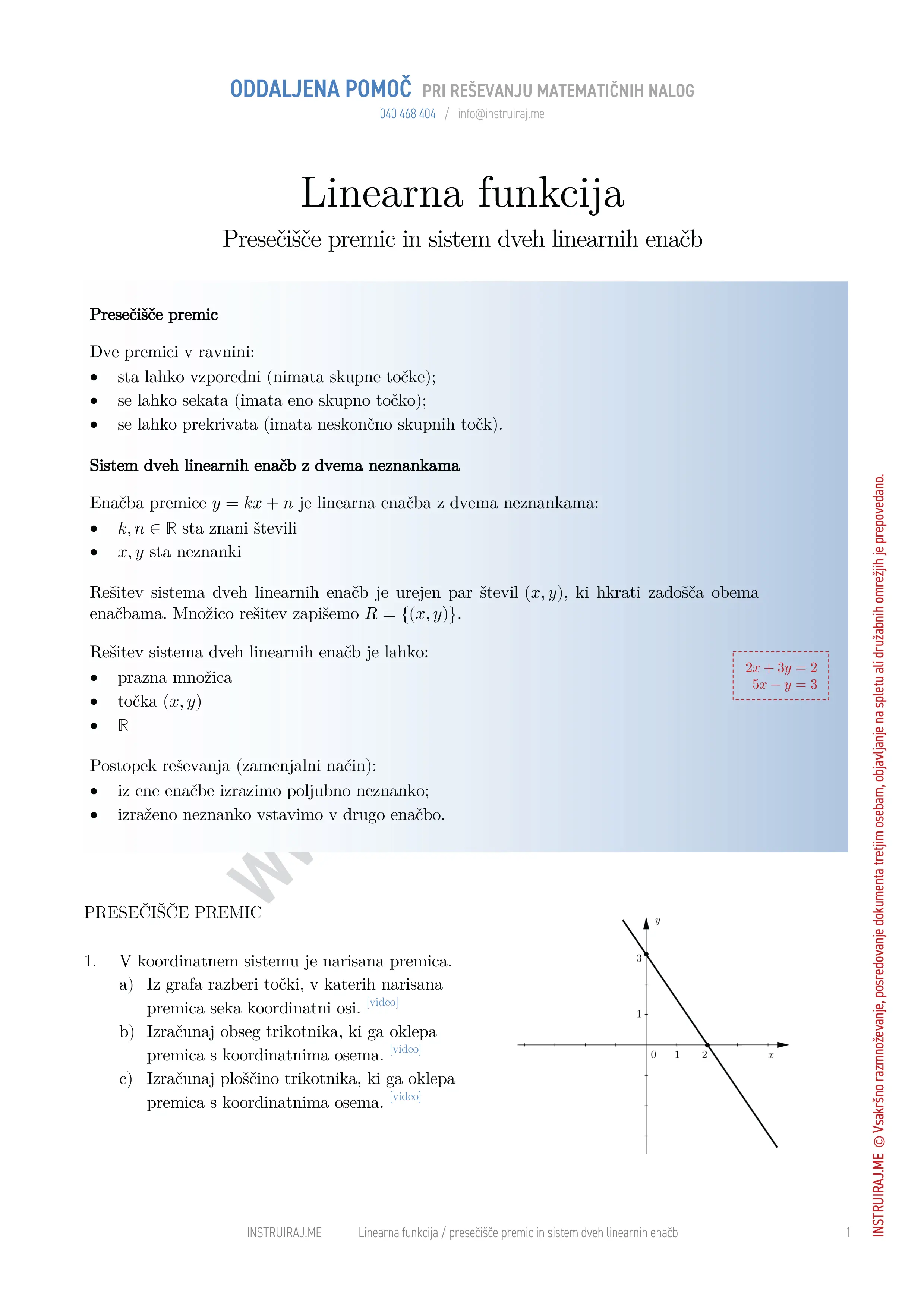 Linearna funkcija: Presečišče premic in sistem dveh linearnih enačb