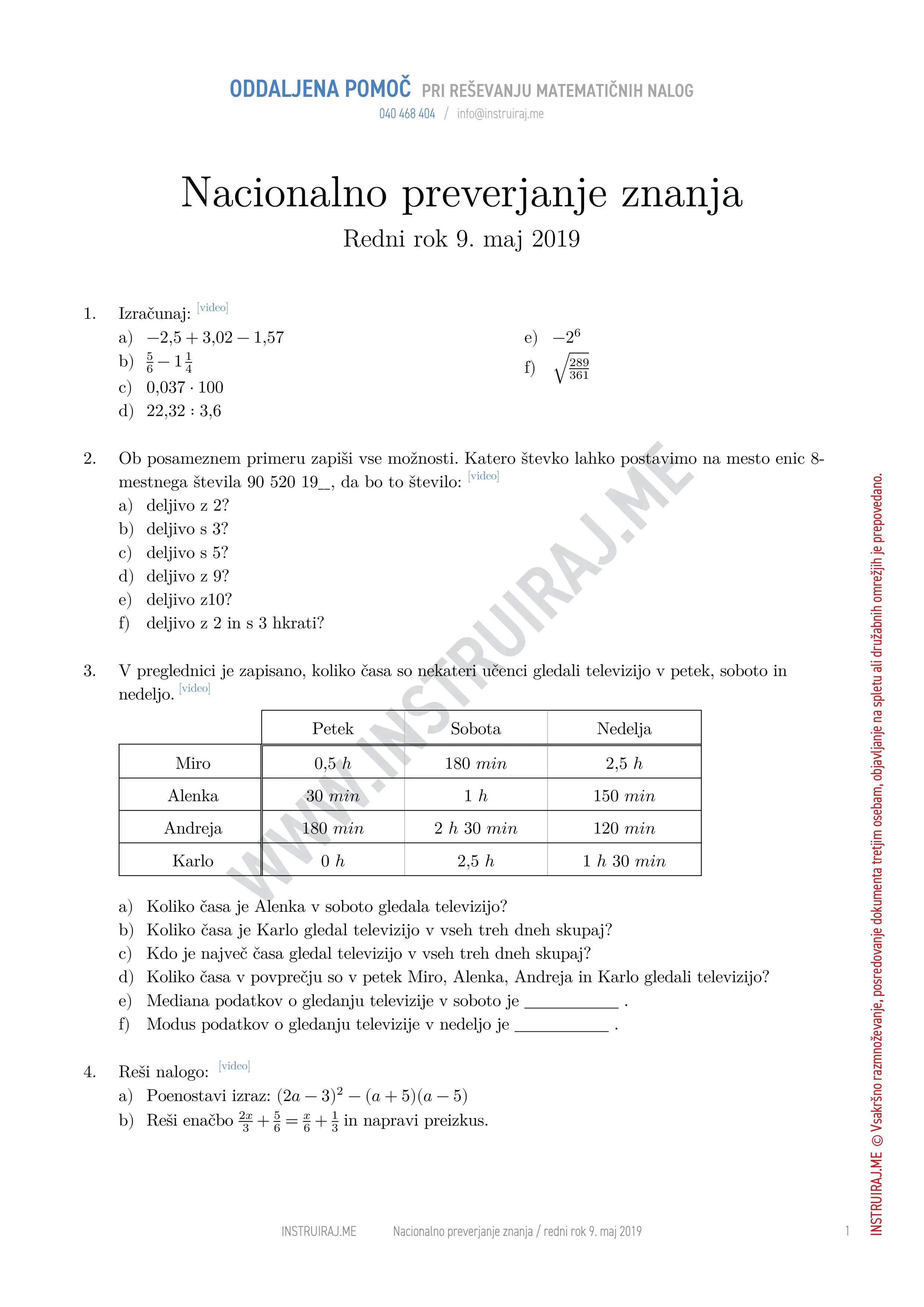 Nacionalno preverjanje znanja: NPZ redni rok 9. maj 2019