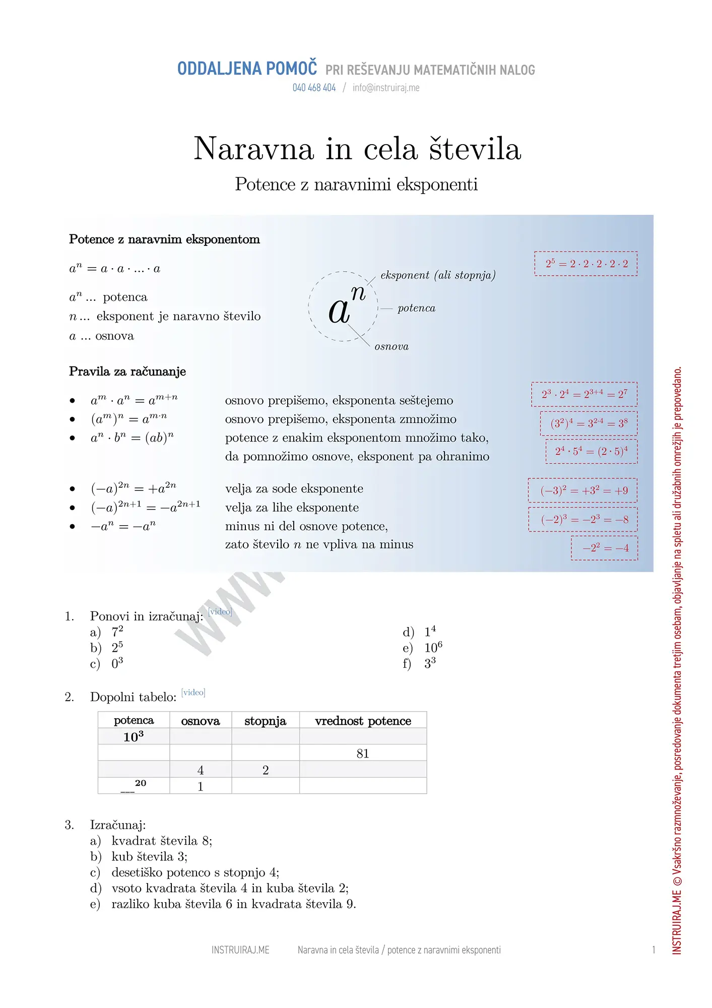 Naravna in cela števila: Potence z naravnimi eksponenti