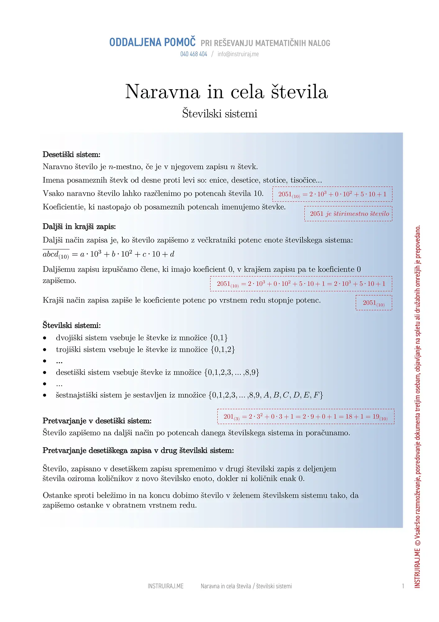 Naravna in cela števila: Številski sistemi