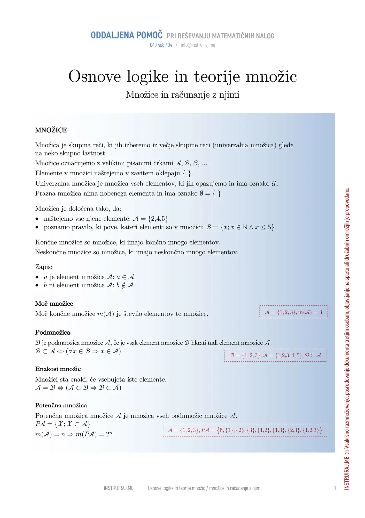Osnove logike in teorije množic: Množice in računanje z njimi