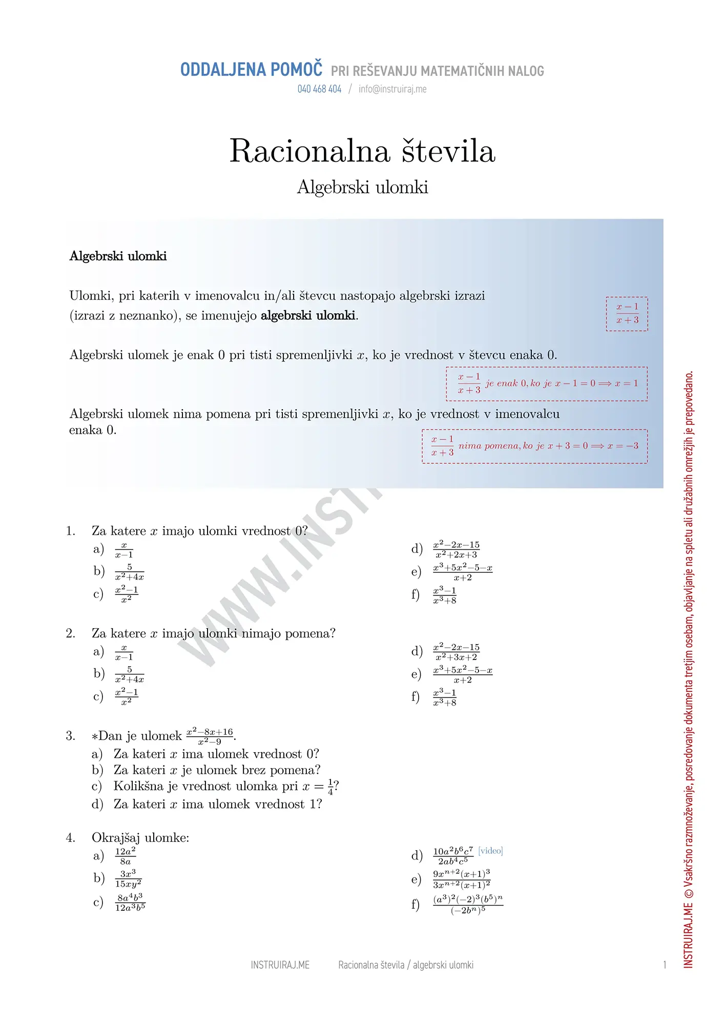 Racionalna števila: Algebrski ulomki