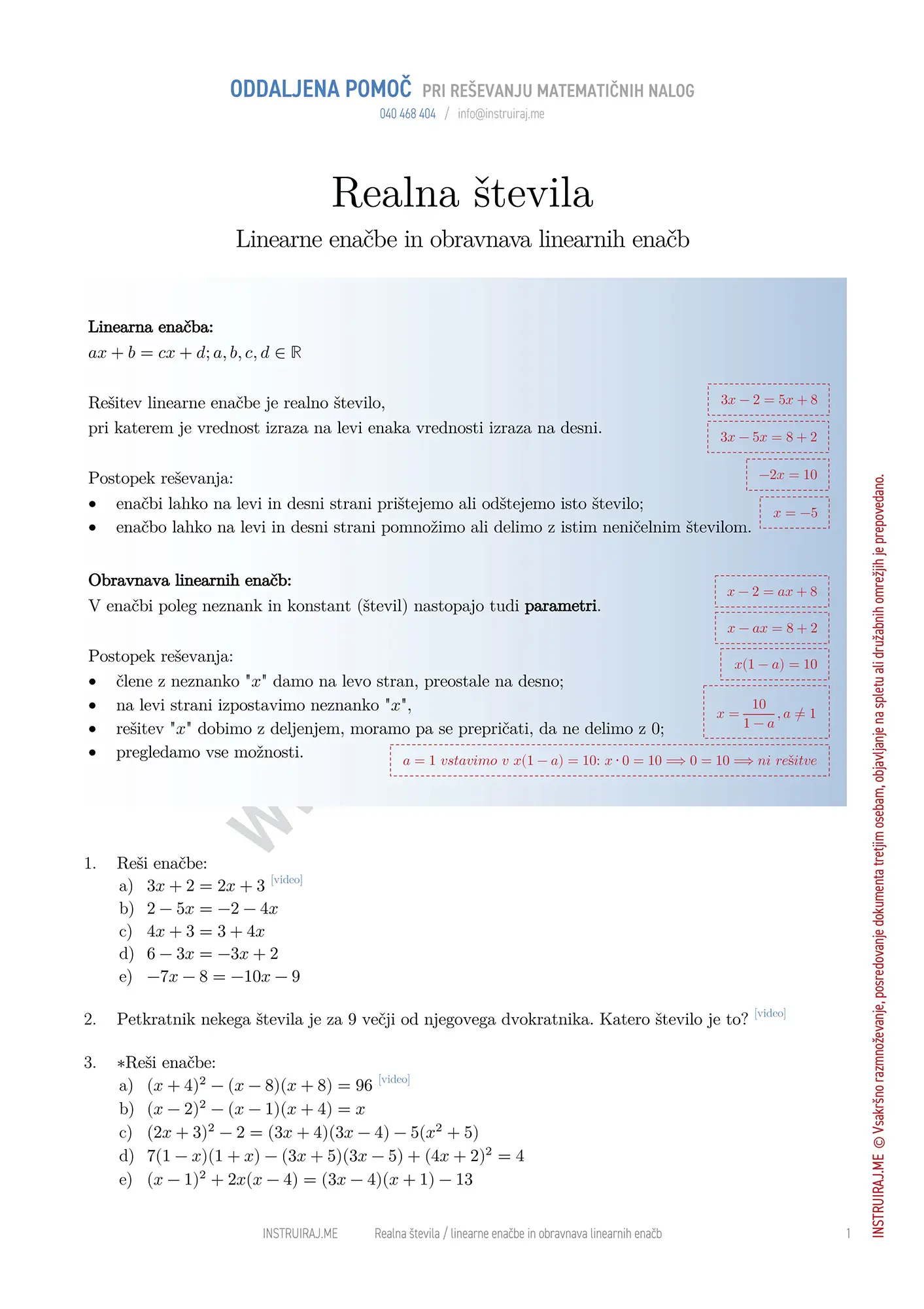 Realna števila: Linearne enačbe in obravnava linearnih enačb