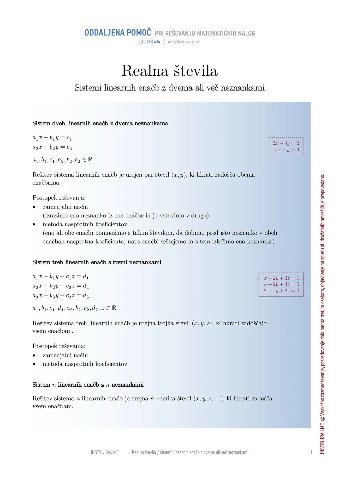 Realna števila: Sistemi linearnih enačb z dvema ali več neznankami