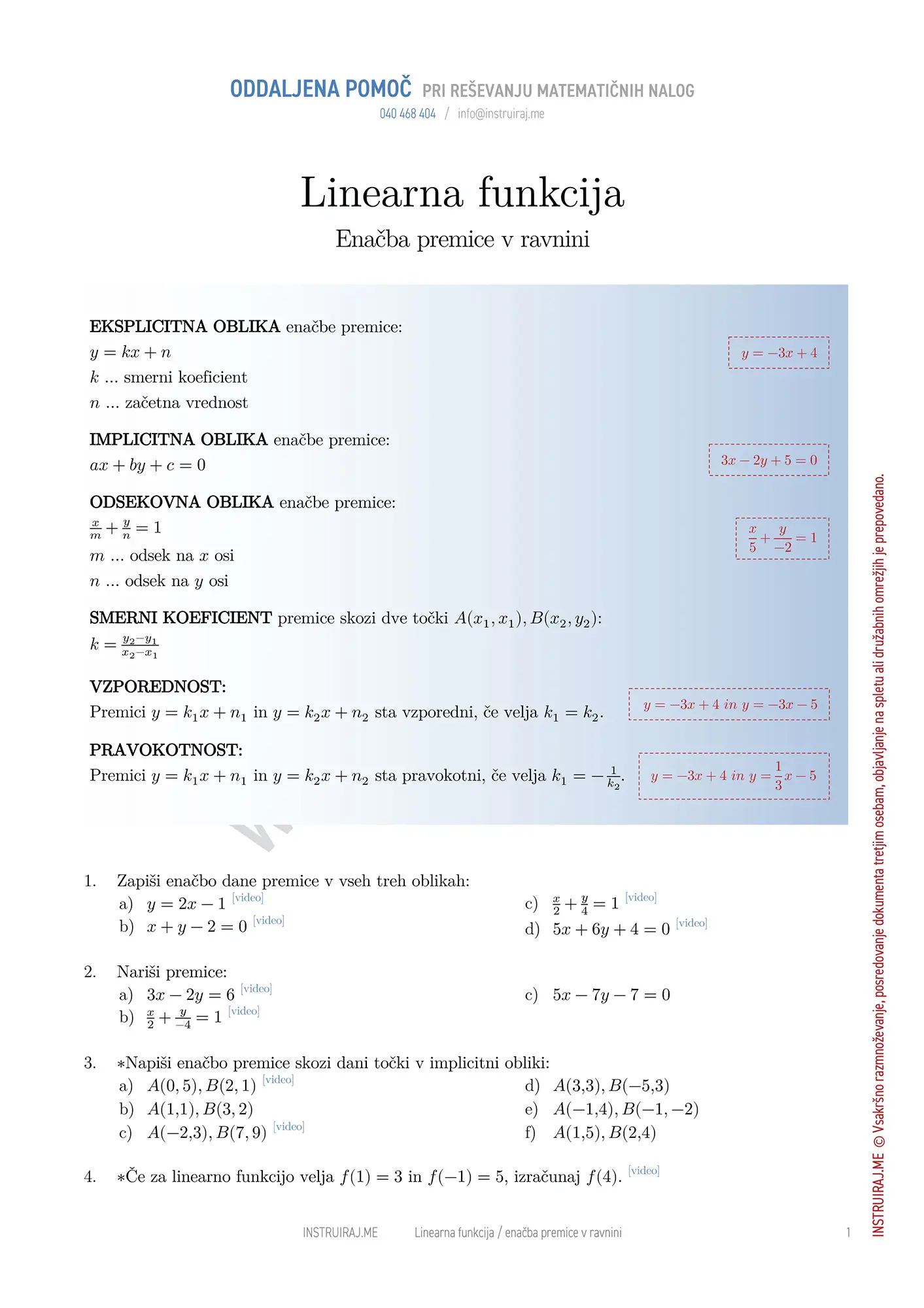 Linearna funkcija: Enačba premice v ravnini