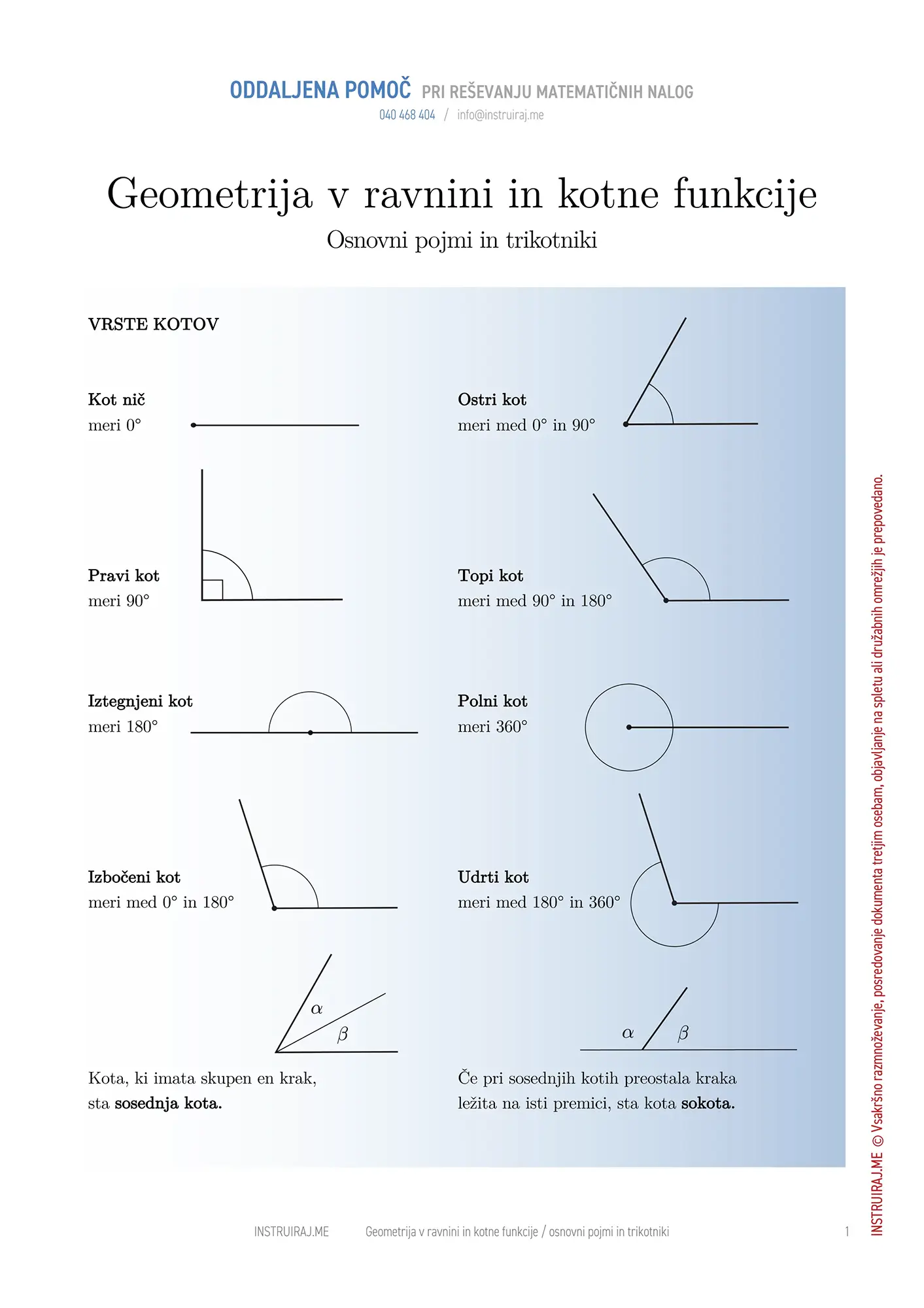 Geometrija v ravnini in kotne funkcije: Osnovni pojmi in trikotniki