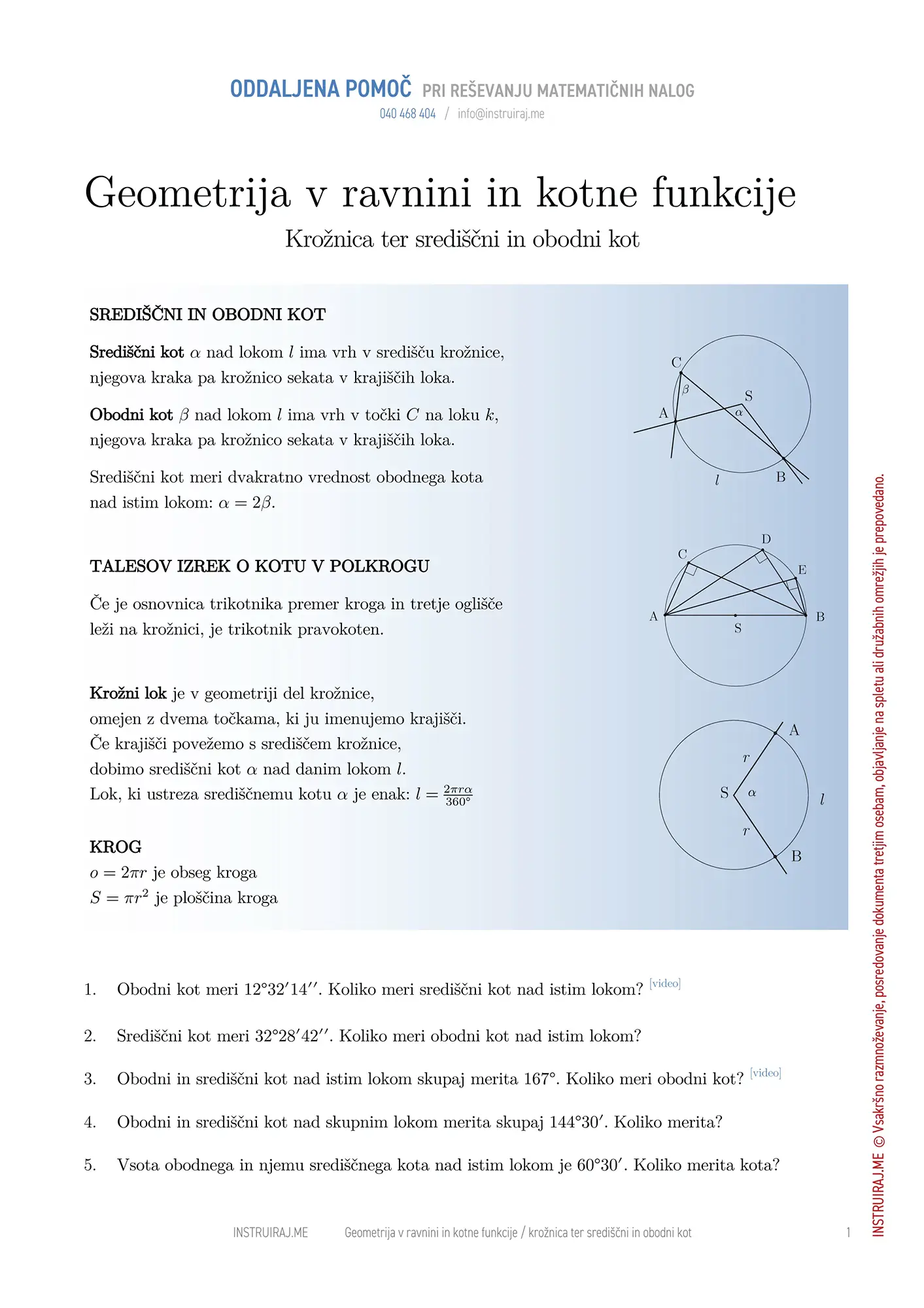 Geometrija v ravnini in kotne funkcije: Krožnica ter središčni in obodni kot