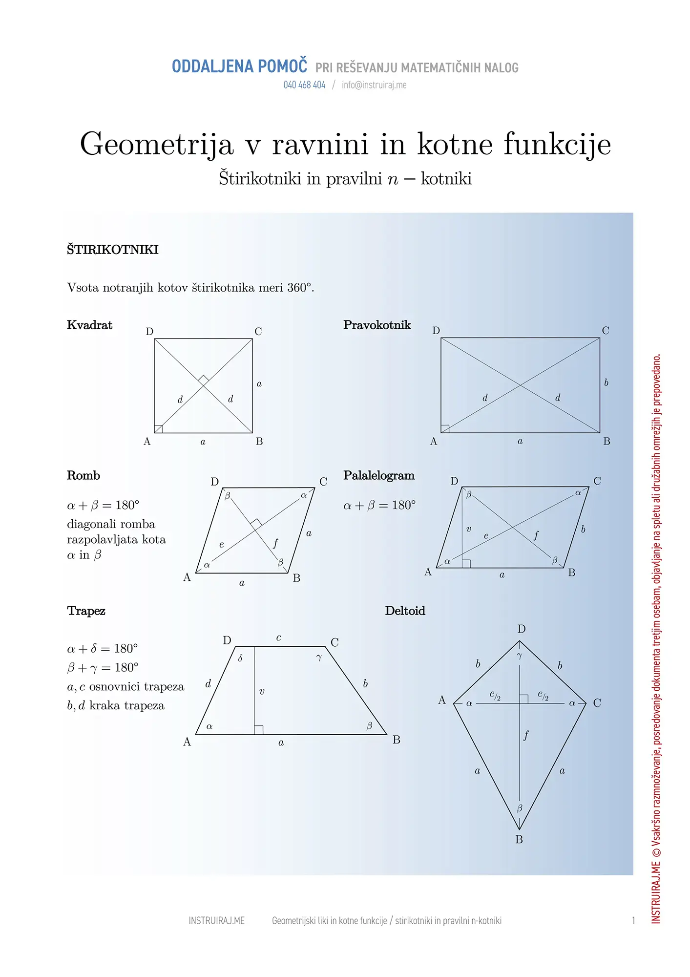 Geometrija v ravnini in kotne funkcije: Štirikotniki in pravilni n-kotniki