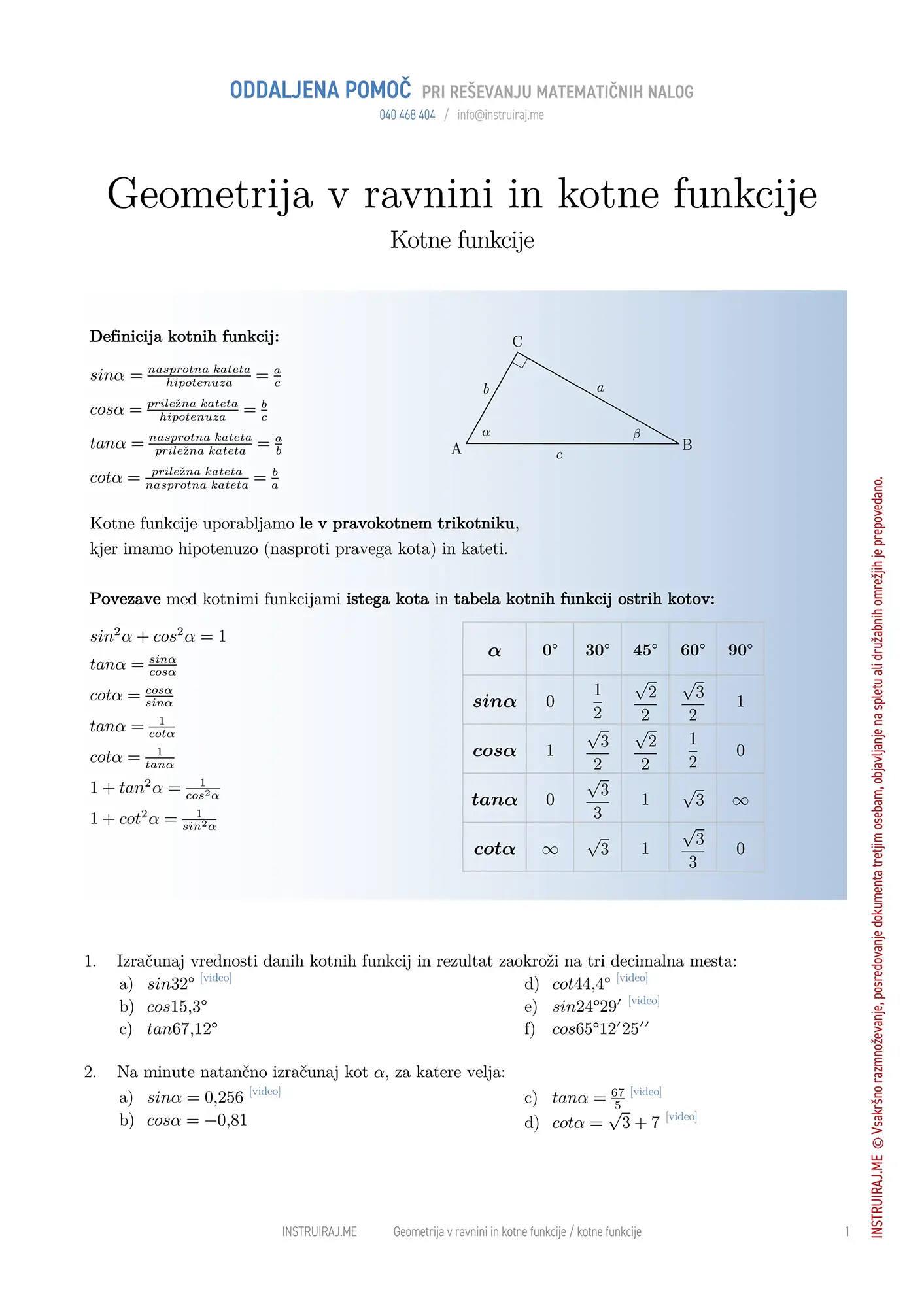 Geometrija v ravnini in kotne funkcije: Kotne funkcije