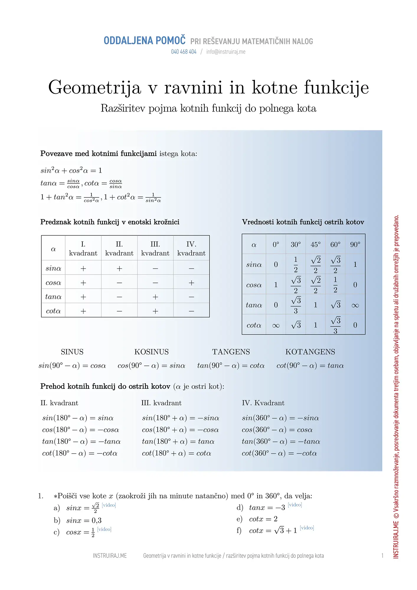 Geometrija v ravnini in kotne funkcije: Razširitev pojma kotnih funkcij do polnega kota