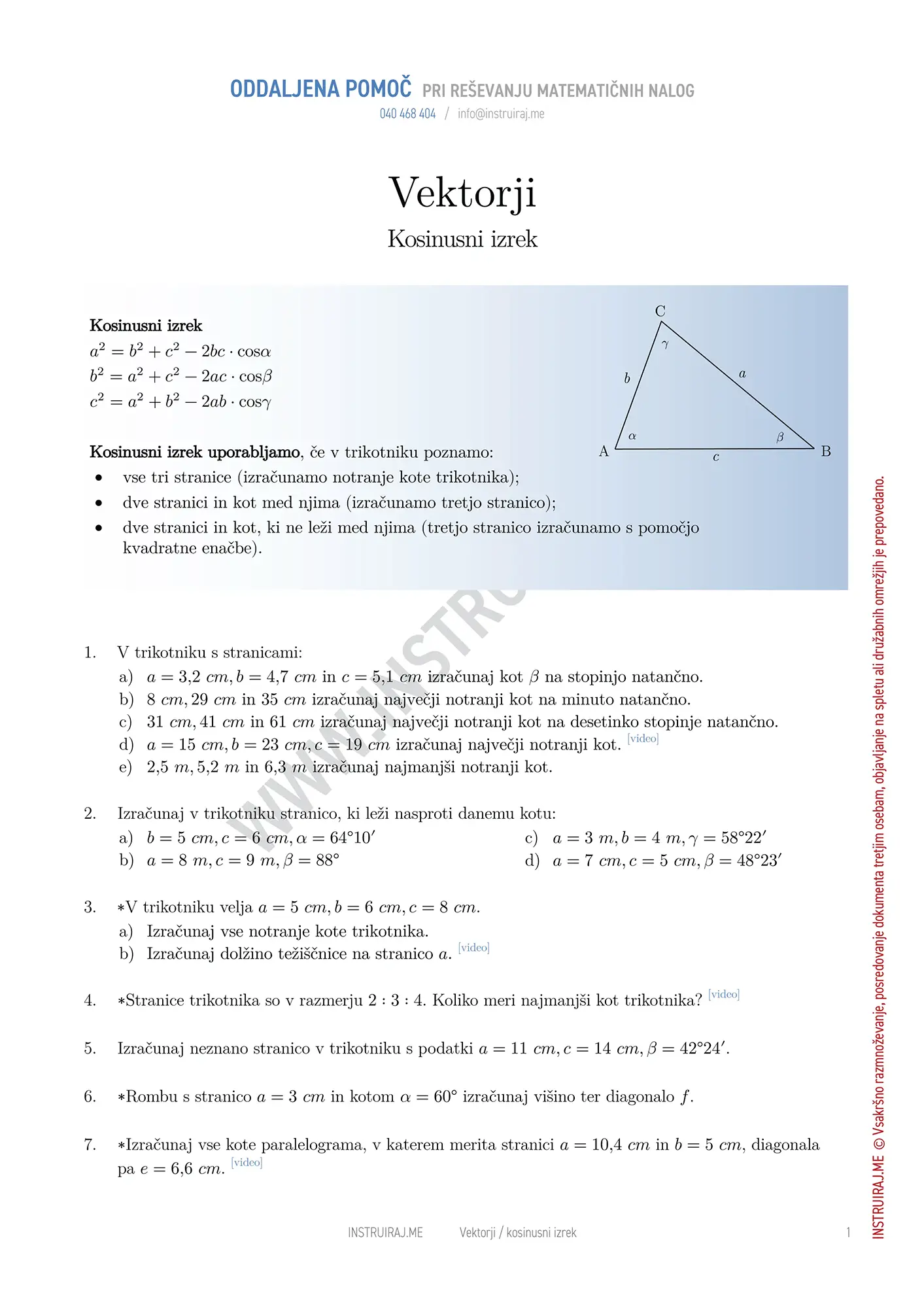 Vektorji: Kosinusni izrek