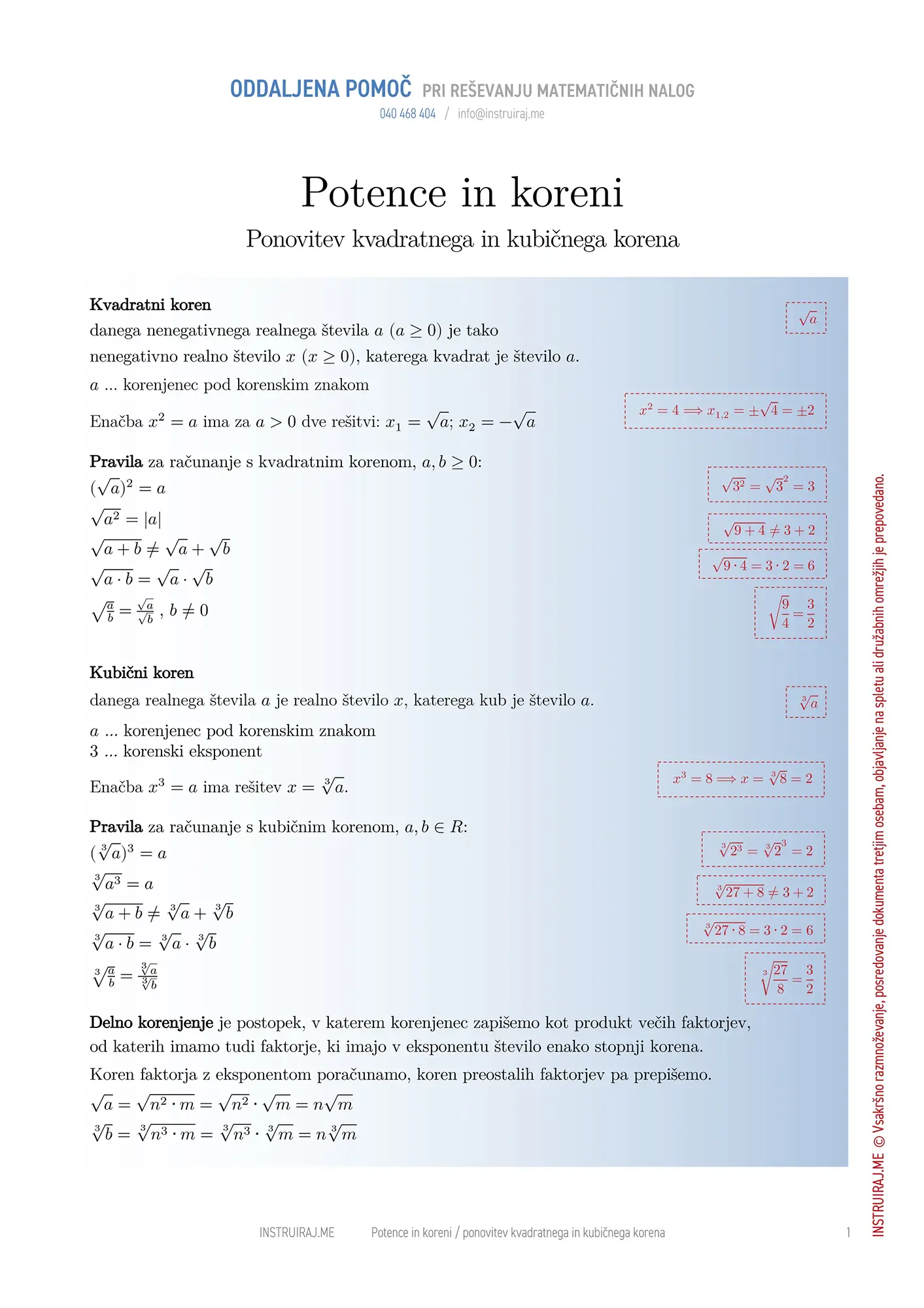 Potence in koreni: Ponovitev kvadratnega in kubičnega korena
